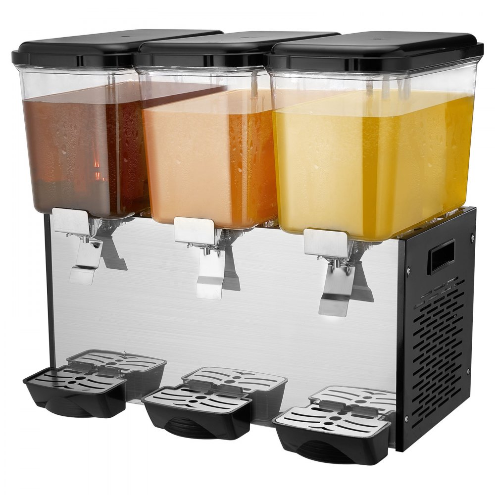 VEVOR Commercial Beverage Dispenser, 3 Tanks 18 L / 19 QT Per Tank Juice Dispenser, 512W Stainless Steel Ice Tea Drink Machine with 45°F-54°F Cooling Temperature, for Cold Drink Restaurant Bar Party
