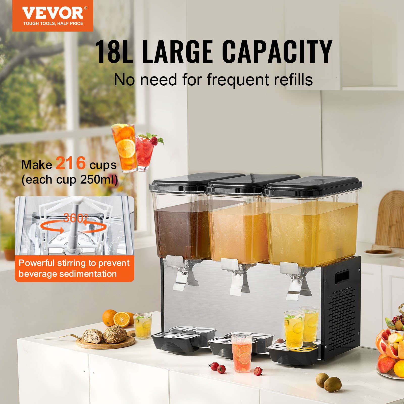 VEVOR Commercial Beverage Dispenser, 3 Tanks 18 L Per Tank Juice Dispenser, 512W Stainless Steel Ice Tea Drink Machine with 7℃-12℃ Cooling Temperature, for Cold Drink Restaurant Bar Party