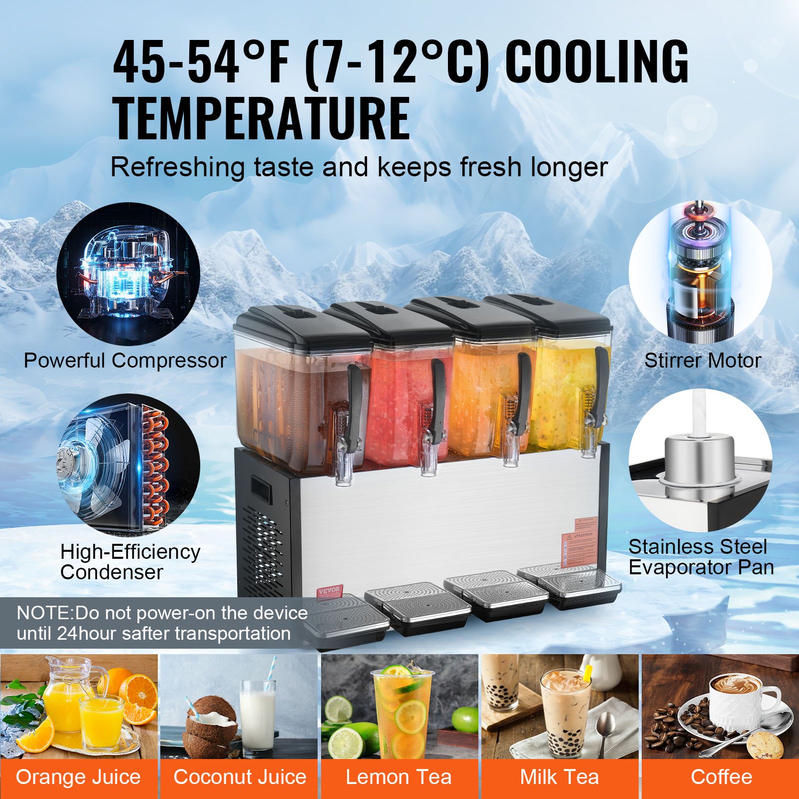 VEVOR Commercial Beverage Dispenser, 4 Tanks 12 L / 12.7 QT Per Tank Juice Dispenser, 510W Stainless Steel Ice Tea Drink Machine with 45°F-54°F Cooling Temperature, for Cold Drink Restaurant Bar Party