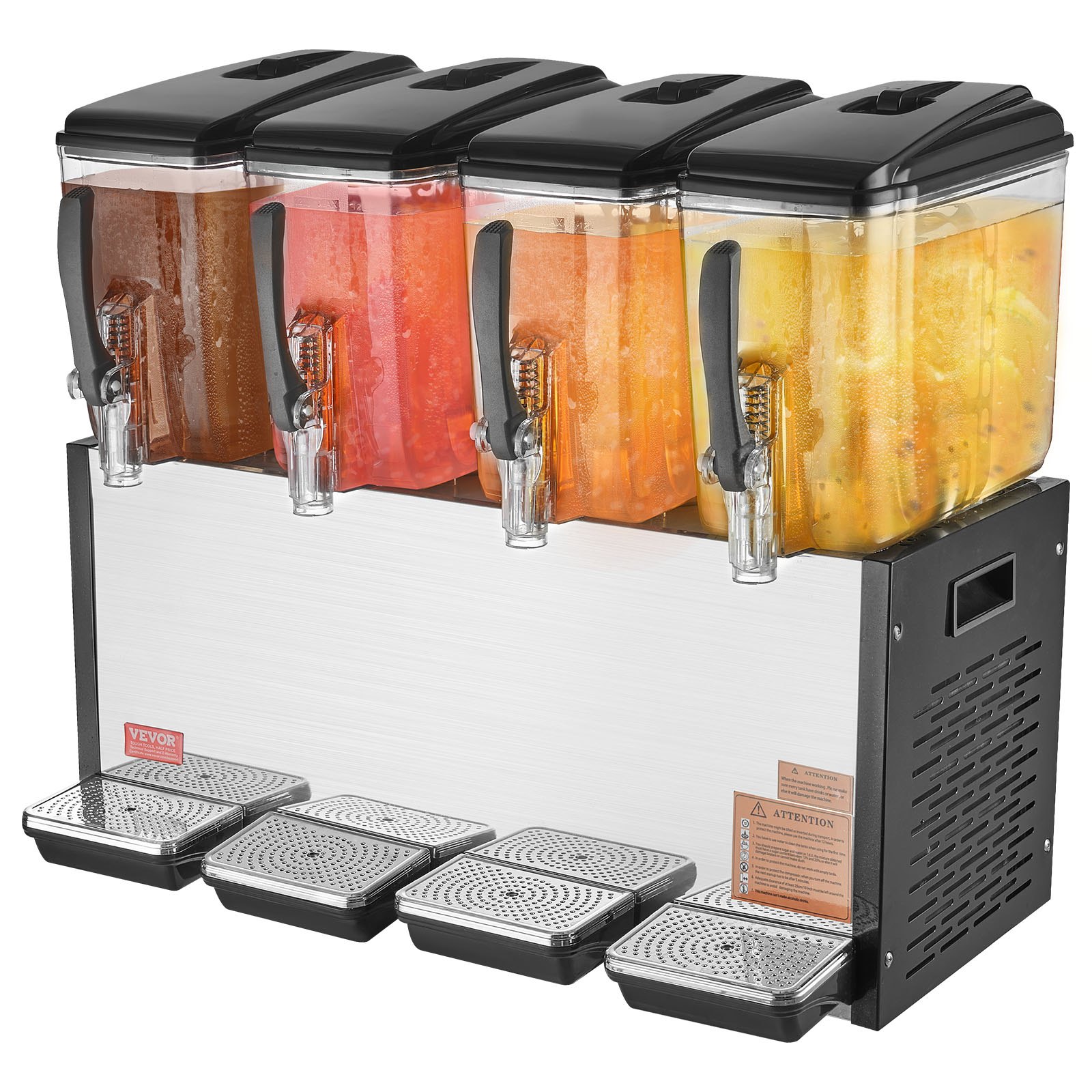 VEVOR Commercial Beverage Dispenser, 4 Tanks 12 L / 12.7 QT Per Tank Juice Dispenser, 510W Stainless Steel Ice Tea Drink Machine with 45°F-54°F Cooling Temperature, for Cold Drink Restaurant Bar Party