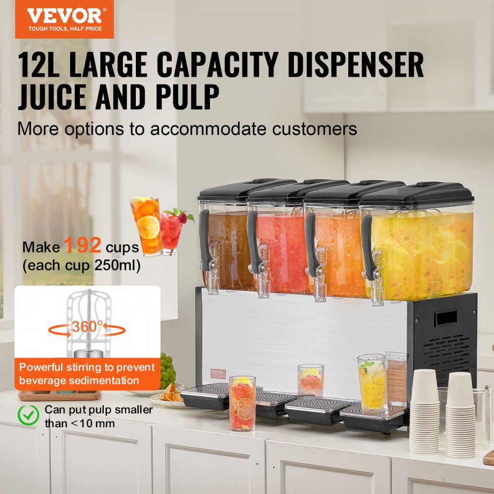 VEVOR Commercial Beverage Dispenser, 4 Tanks 12 L Per Tank Juice Dispenser, 510W Stainless Steel Ice Tea Drink Machine with 45°F-54°F Cooling Temperature, for Cold Drink Restaurant Bar Party