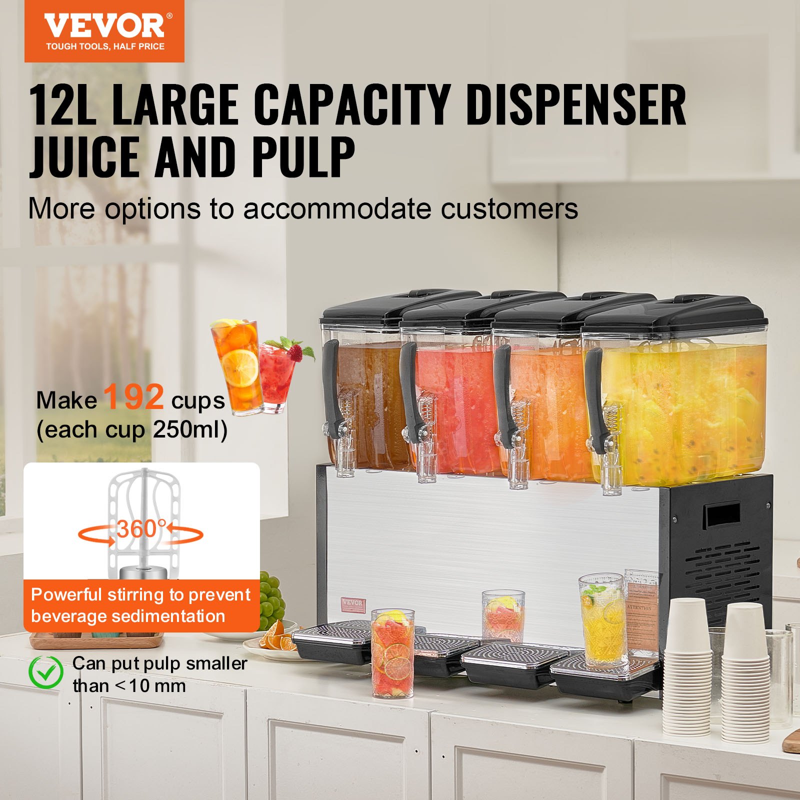 VEVOR Commercial Beverage Dispenser, 4 Tanks 12 L Per Tank Juice Dispenser, 510W Stainless Steel Ice Tea Drink Machine with 45°F-54°F Cooling Temperature, for Cold Drink Restaurant Bar Party