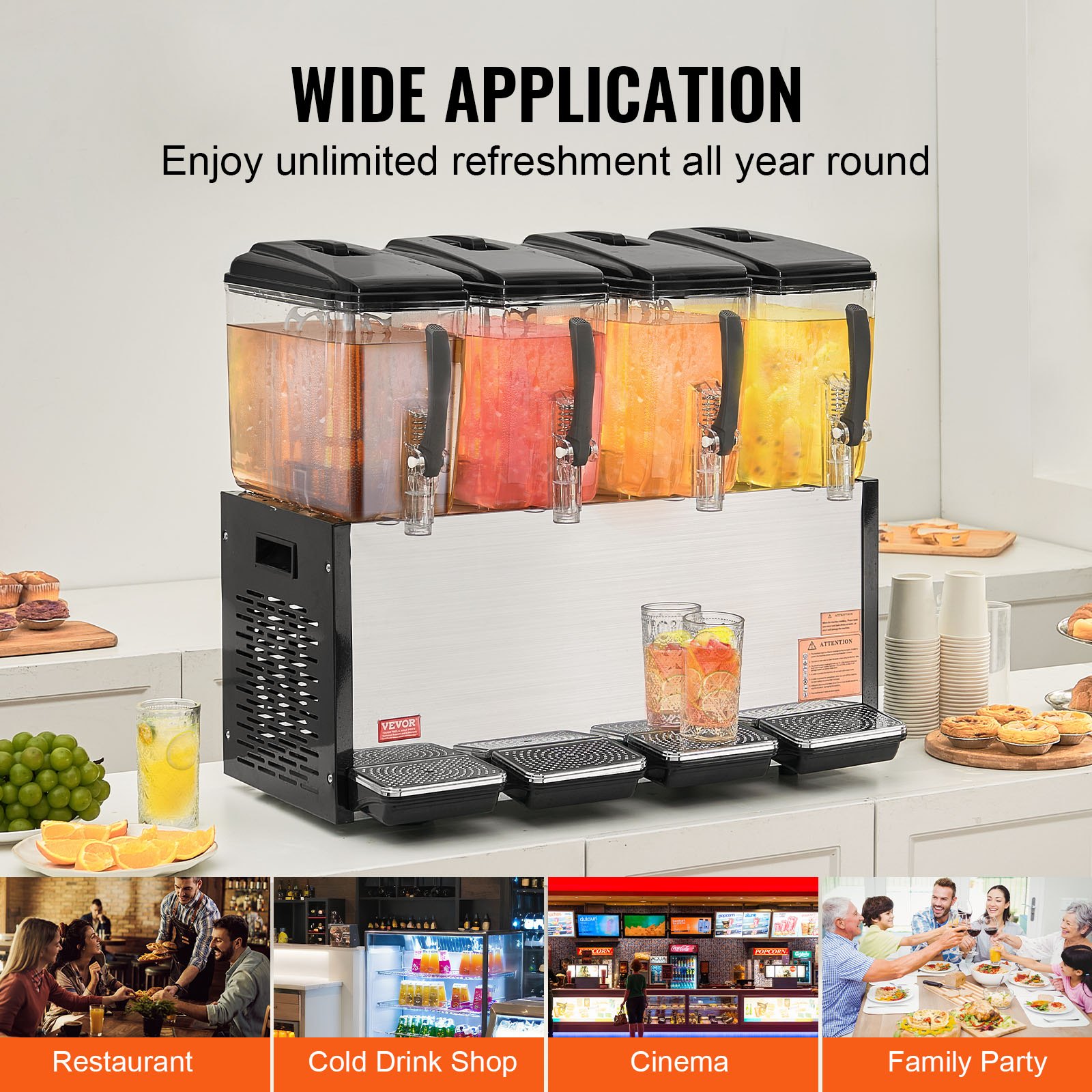 VEVOR Commercial Beverage Dispenser, 4 Tanks 12 L Per Tank Juice Dispenser, 510W Stainless Steel Ice Tea Drink Machine with 7℃-12℃ Cooling Temperature, for Cold Drink Restaurant Bar Party