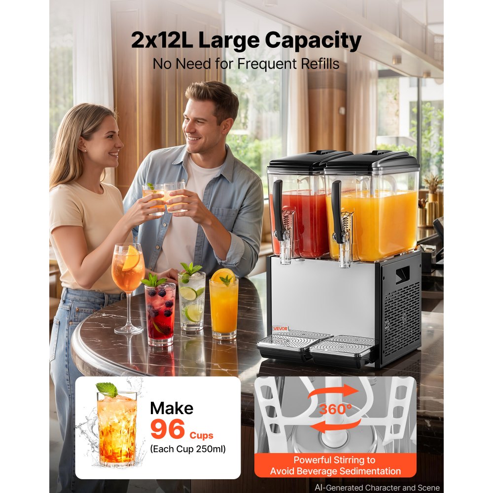 VEVOR Commercial Beverage Dispenser 2 Tanks 12 L / 12.7 QT Per Tank, Stainless Steel Juice Dispenser, Ice Tea Drink Machine with 45℉ to 54℉ Cooling Temperature, for Cold Drink Restaurant Bar Party