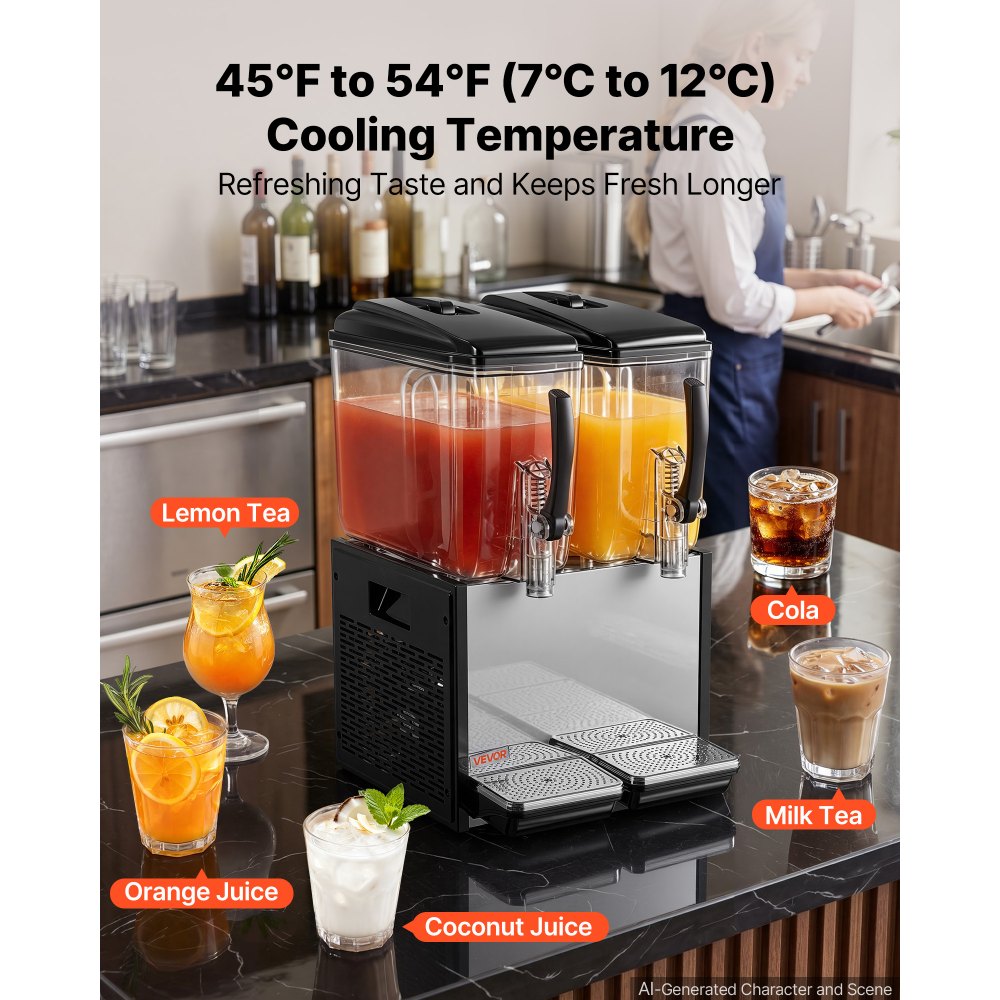 VEVOR Commercial Beverage Dispenser 2 Tanks 12 L / 12.7 QT Per Tank, Stainless Steel Juice Dispenser, Ice Tea Drink Machine with 45℉ to 54℉ Cooling Temperature, for Cold Drink Restaurant Bar Party