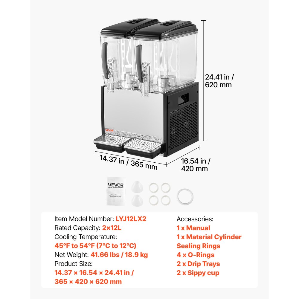 VEVOR Commercial Beverage Dispenser 2 Tanks 12 L / 12.7 QT Per Tank, Stainless Steel Juice Dispenser, Ice Tea Drink Machine with 45℉ to 54℉ Cooling Temperature, for Cold Drink Restaurant Bar Party