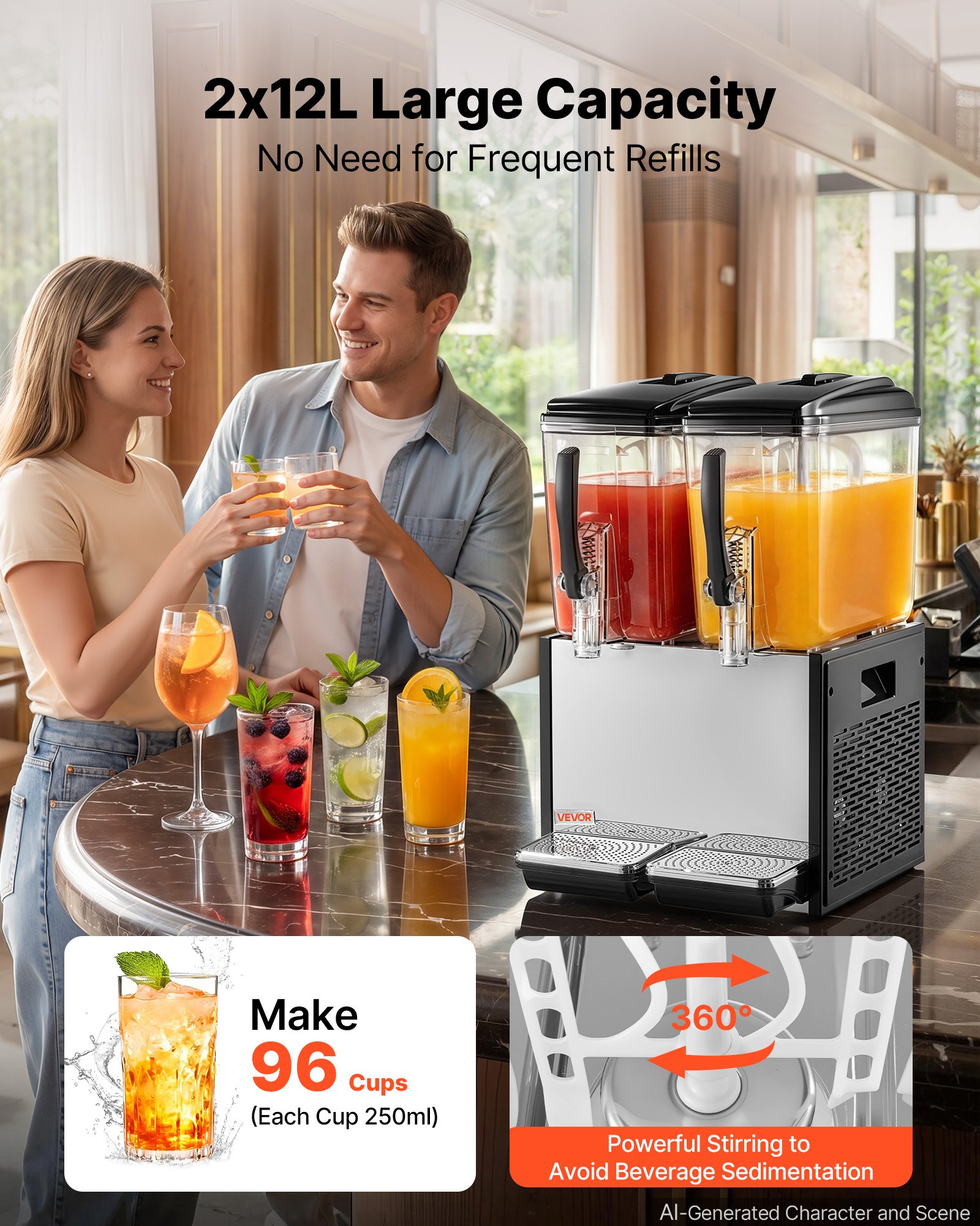 VEVOR Commercial Beverage Dispenser 2 Tanks 12 L / 12.7 QT Per Tank, Stainless Steel Juice Dispenser, Ice Tea Drink Machine with 45℉ to 54℉ Cooling Temperature, for Cold Drink Restaurant Bar Party
