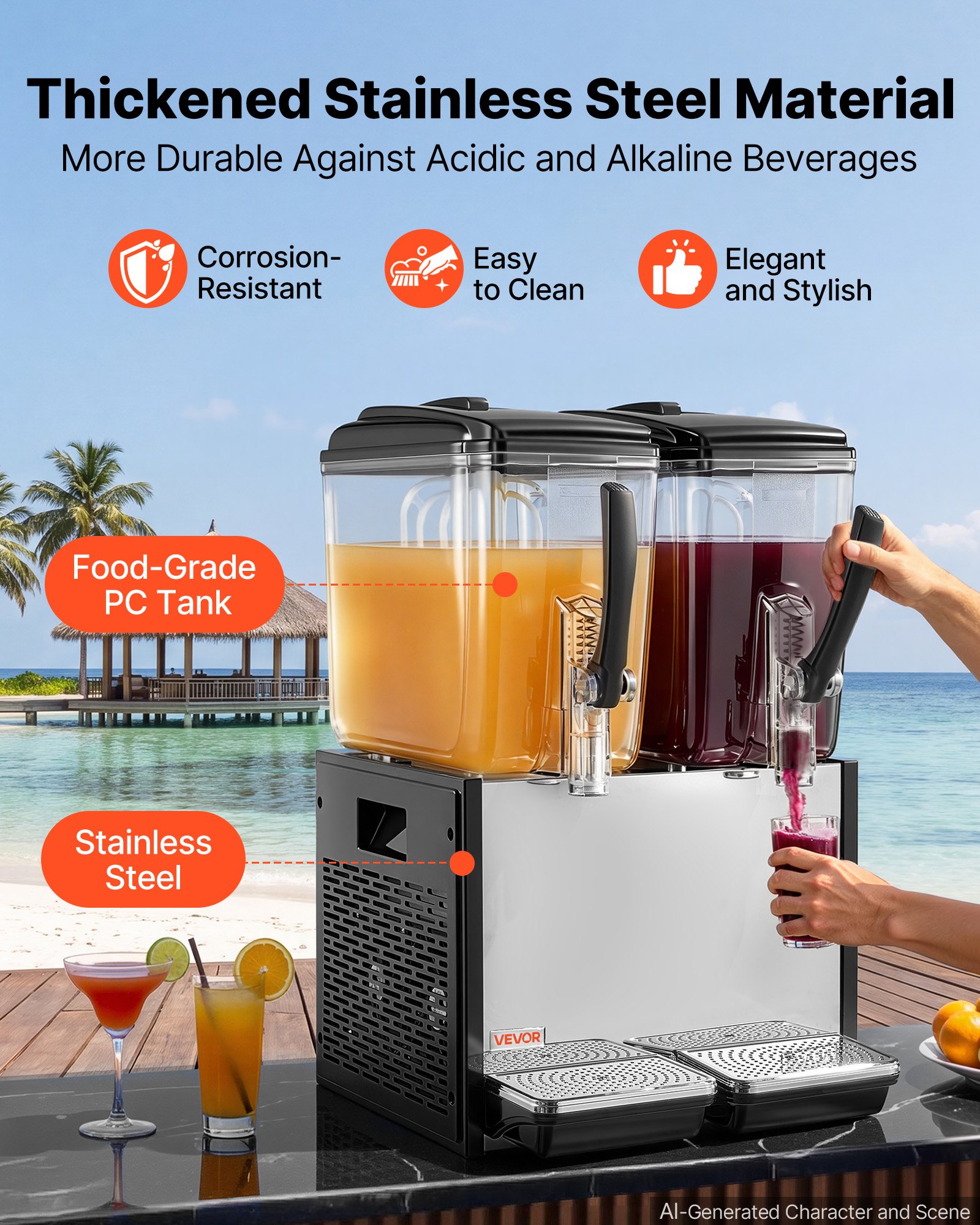 VEVOR Commercial Beverage Dispenser 2 Tanks 12 L / 12.7 QT Per Tank, Stainless Steel Juice Dispenser, Ice Tea Drink Machine with 45℉ to 54℉ Cooling Temperature, for Cold Drink Restaurant Bar Party