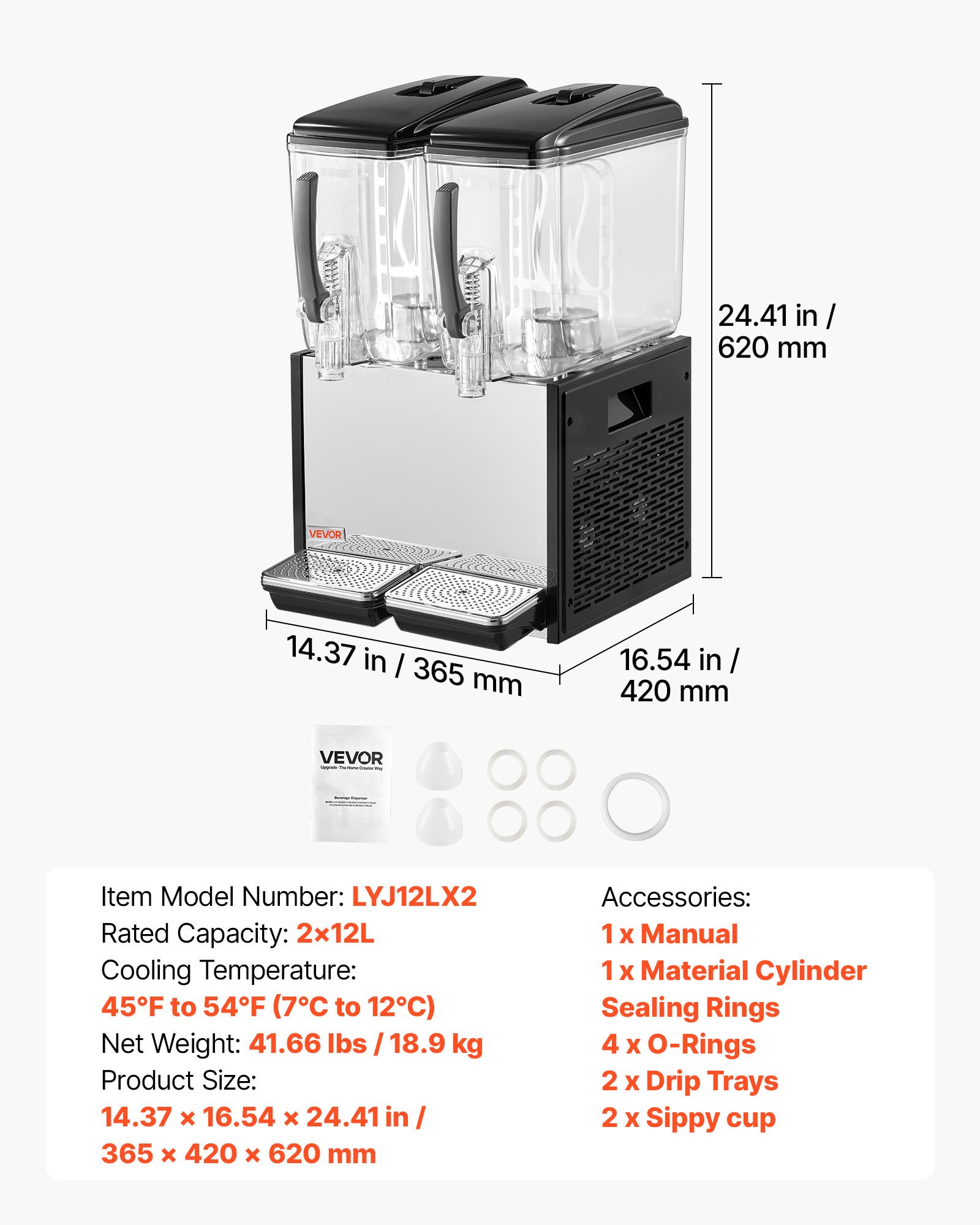 VEVOR Commercial Beverage Dispenser 2 Tanks 12 L / 12.7 QT Per Tank, Stainless Steel Juice Dispenser, Ice Tea Drink Machine with 45℉ to 54℉ Cooling Temperature, for Cold Drink Restaurant Bar Party