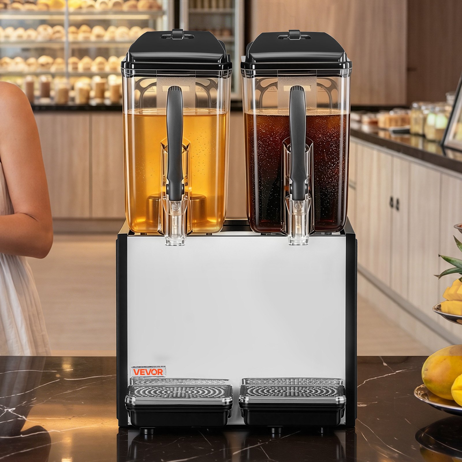 VEVOR Commercial Beverage Dispenser 2 Tanks 12 L / 12.7 QT Per Tank, Stainless Steel Juice Dispenser, Ice Tea Drink Machine with 45℉ to 54℉ Cooling Temperature, for Cold Drink Restaurant Bar Party