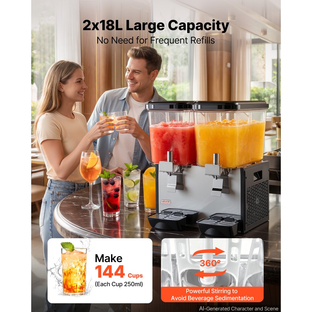 VEVOR Commercial Beverage Dispenser 2 Tanks 18 L / 19 QT Per Tank, Stainless Steel Juice Dispenser, Ice Tea Drink Machine with 45℉ to 54℉ Cooling Temperature, for Cold Drink Restaurant Bar Party