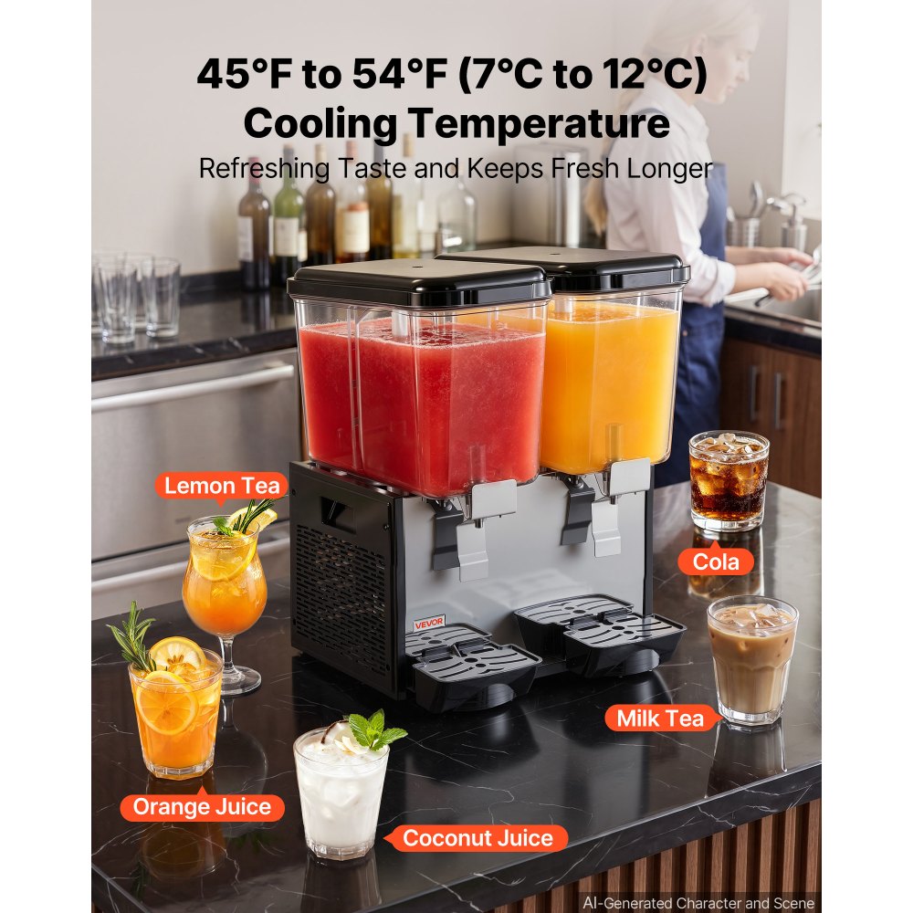 VEVOR Commercial Beverage Dispenser 2 Tanks 18 L / 19 QT Per Tank, Stainless Steel Juice Dispenser, Ice Tea Drink Machine with 45℉ to 54℉ Cooling Temperature, for Cold Drink Restaurant Bar Party