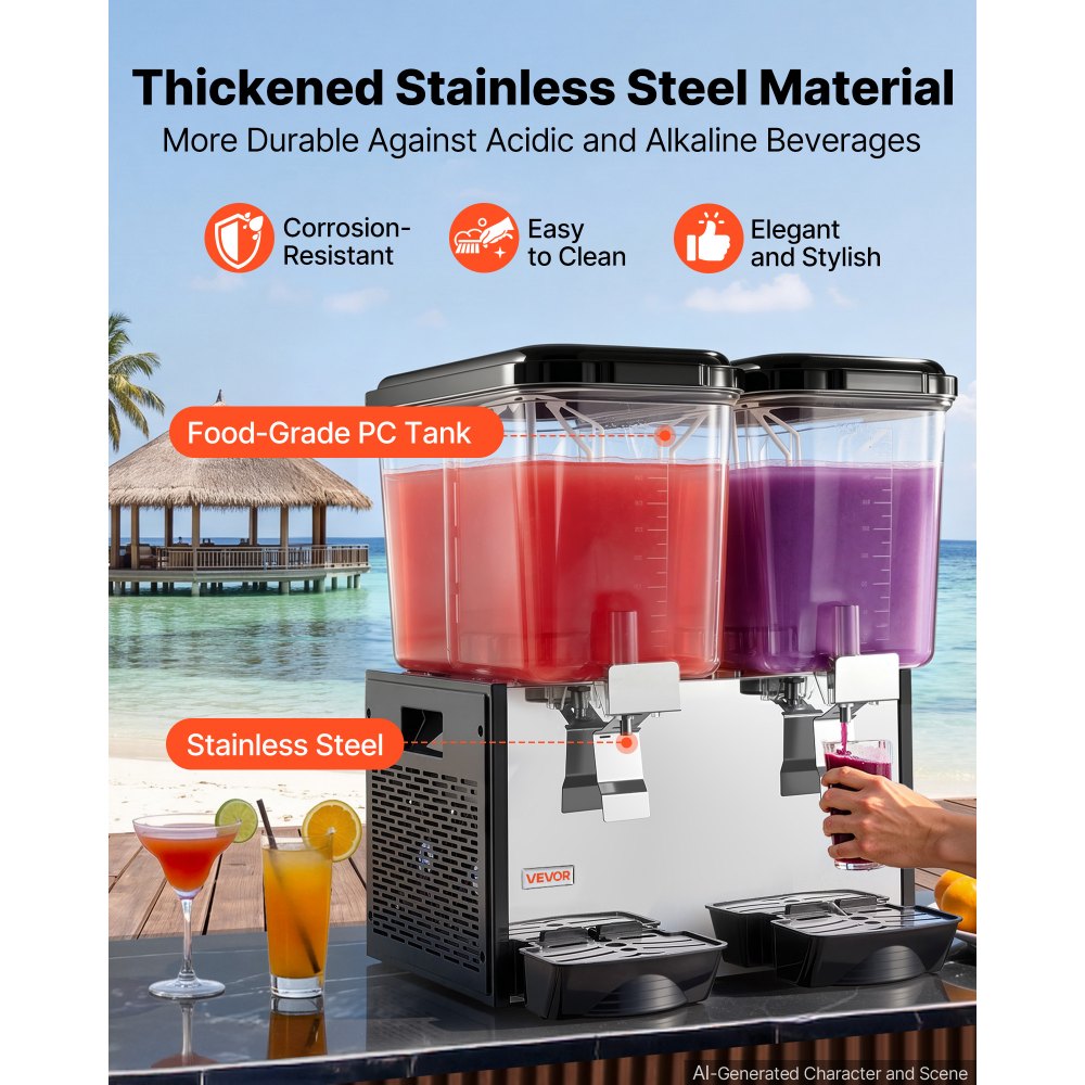 VEVOR Commercial Beverage Dispenser 2 Tanks 18 L / 19 QT Per Tank, Stainless Steel Juice Dispenser, Ice Tea Drink Machine with 45℉ to 54℉ Cooling Temperature, for Cold Drink Restaurant Bar Party
