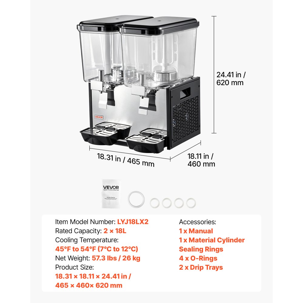 VEVOR Commercial Beverage Dispenser 2 Tanks 18 L / 19 QT Per Tank, Stainless Steel Juice Dispenser, Ice Tea Drink Machine with 45℉ to 54℉ Cooling Temperature, for Cold Drink Restaurant Bar Party