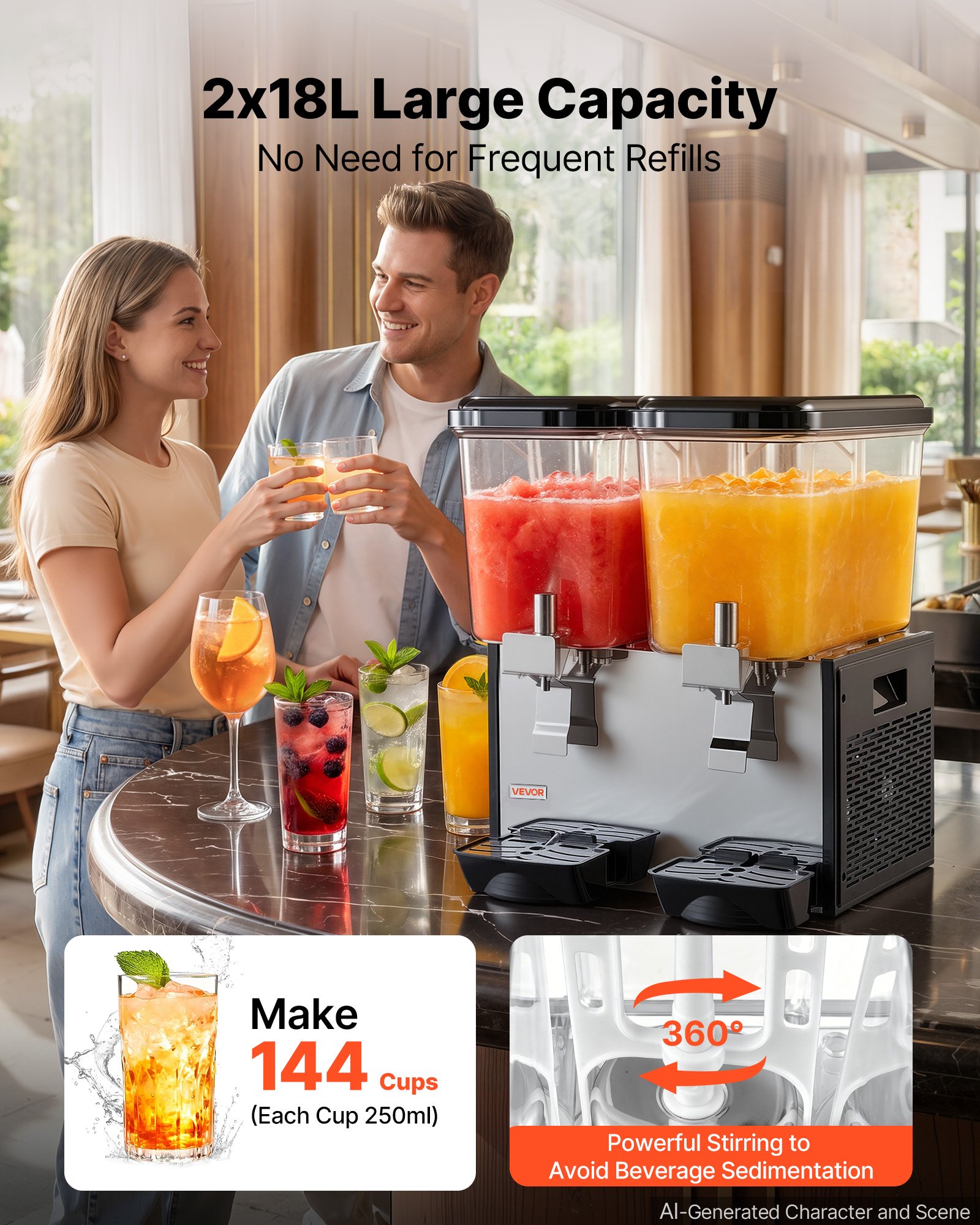VEVOR Commercial Beverage Dispenser 2 Tanks 18 L / 19 QT Per Tank, Stainless Steel Juice Dispenser, Ice Tea Drink Machine with 45℉ to 54℉ Cooling Temperature, for Cold Drink Restaurant Bar Party