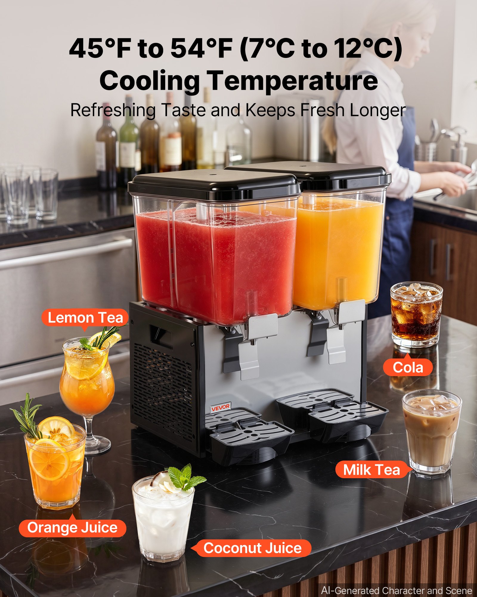 VEVOR Commercial Beverage Dispenser 2 Tanks 18 L / 19 QT Per Tank, Stainless Steel Juice Dispenser, Ice Tea Drink Machine with 45℉ to 54℉ Cooling Temperature, for Cold Drink Restaurant Bar Party