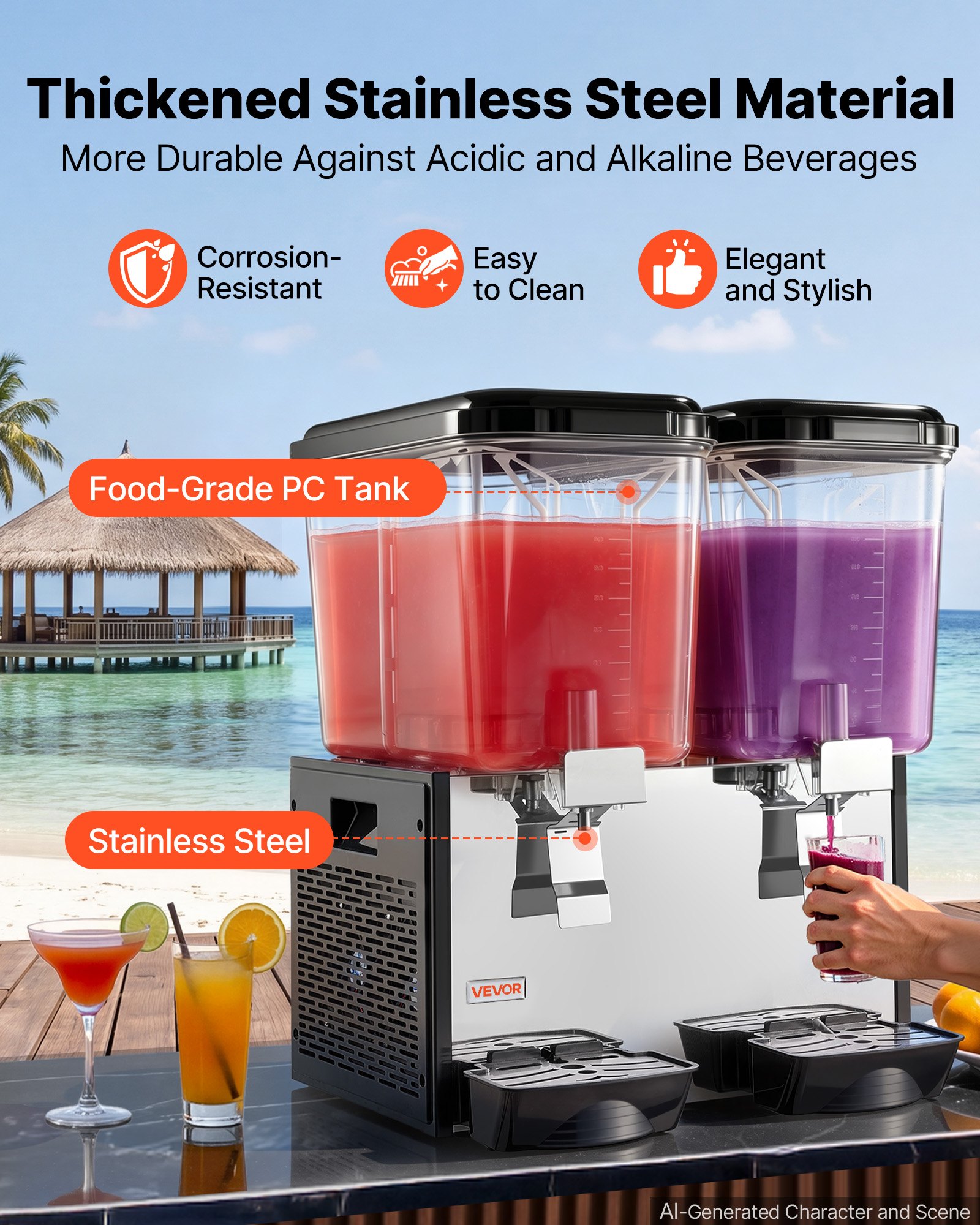 VEVOR Commercial Beverage Dispenser 2 Tanks 18 L / 19 QT Per Tank, Stainless Steel Juice Dispenser, Ice Tea Drink Machine with 45℉ to 54℉ Cooling Temperature, for Cold Drink Restaurant Bar Party
