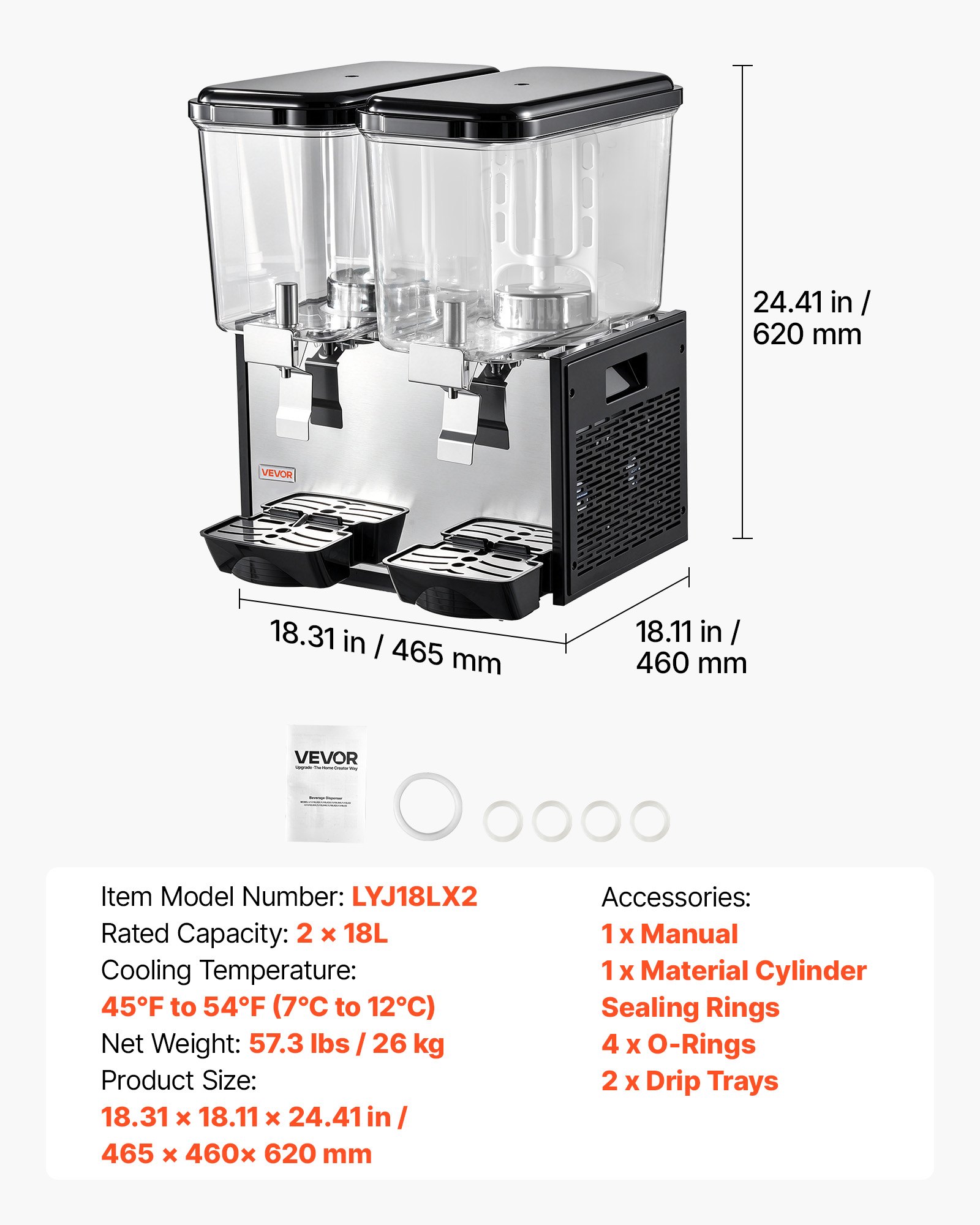 VEVOR Commercial Beverage Dispenser 2 Tanks 18 L / 19 QT Per Tank, Stainless Steel Juice Dispenser, Ice Tea Drink Machine with 45℉ to 54℉ Cooling Temperature, for Cold Drink Restaurant Bar Party