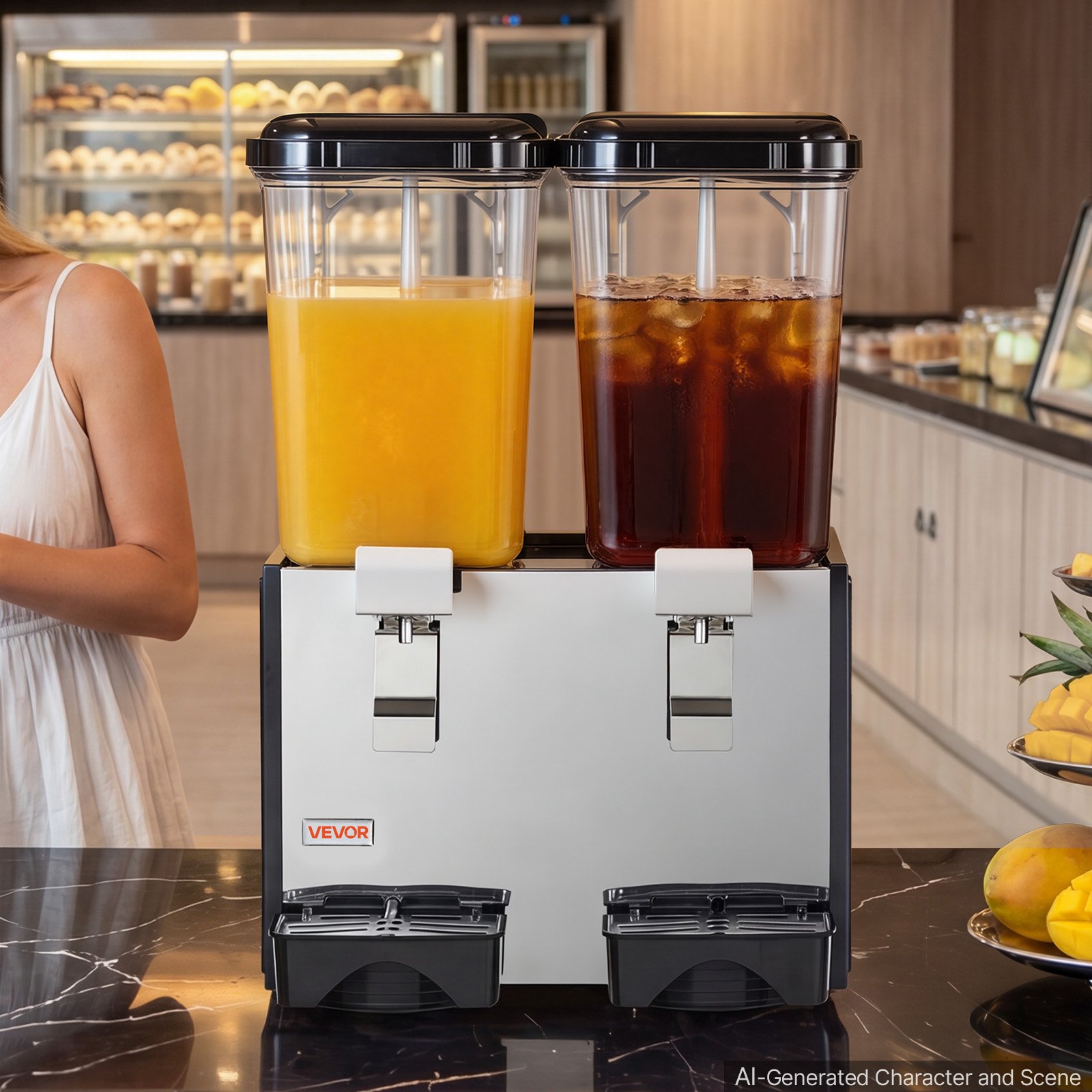 VEVOR Commercial Beverage Dispenser 2 Tanks 18 L / 19 QT Per Tank, Stainless Steel Juice Dispenser, Ice Tea Drink Machine with 45℉ to 54℉ Cooling Temperature, for Cold Drink Restaurant Bar Party