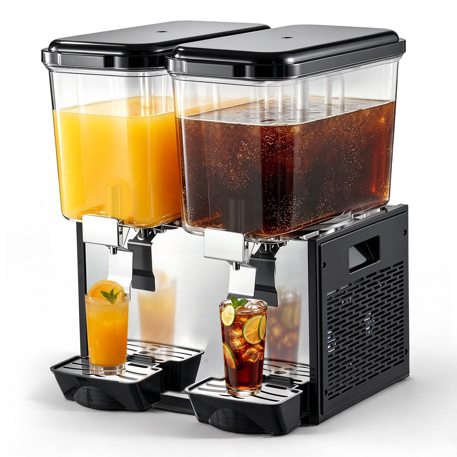 VEVOR Commercial Beverage Dispenser 2 Tanks 18 L / 19 QT Per Tank, Stainless Steel Juice Dispenser, Ice Tea Drink Machine with 45℉ to 54℉ Cooling Temperature, for Cold Drink Restaurant Bar Party