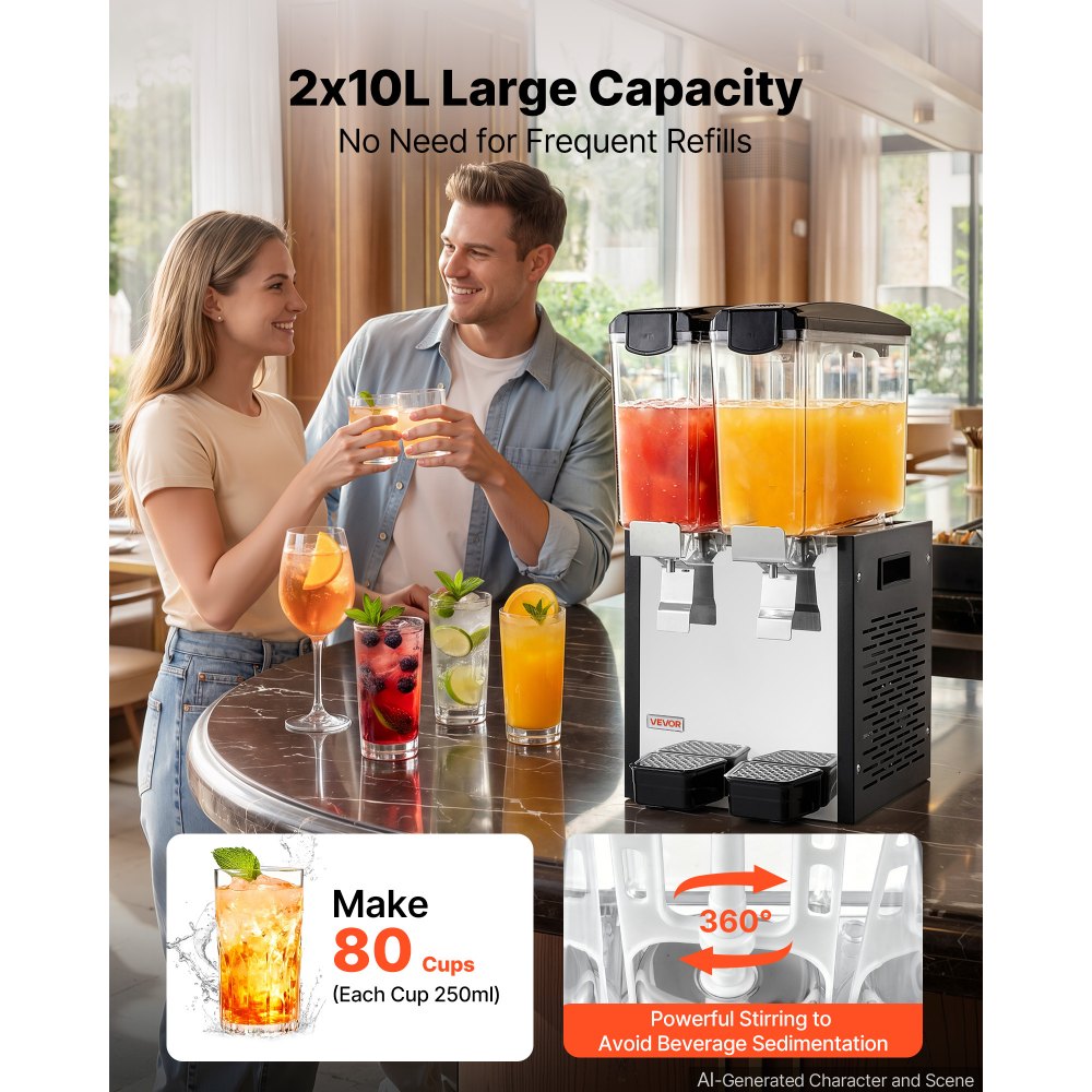 VEVOR Commercial Beverage Dispenser 2 Tanks 10 L / 10.6 QT Per Tank, Stainless Steel Juice Dispenser, Ice Tea Drink Machine with 45℉ to 54℉ Cooling Temperature, for Cold Drink Restaurant Bar Party