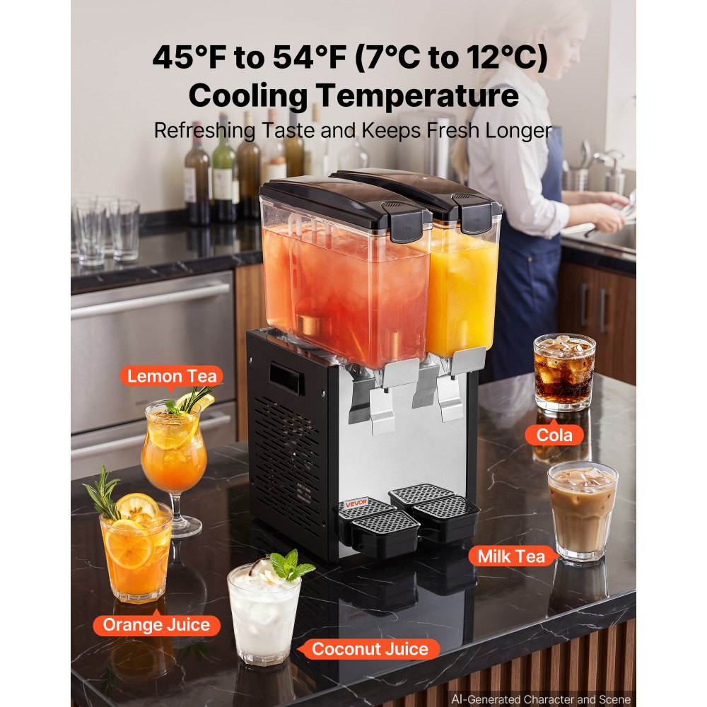 VEVOR Commercial Beverage Dispenser 2 Tanks 10 L / 10.6 QT Per Tank, Stainless Steel Juice Dispenser, Ice Tea Drink Machine with 45℉ to 54℉ Cooling Temperature, for Cold Drink Restaurant Bar Party