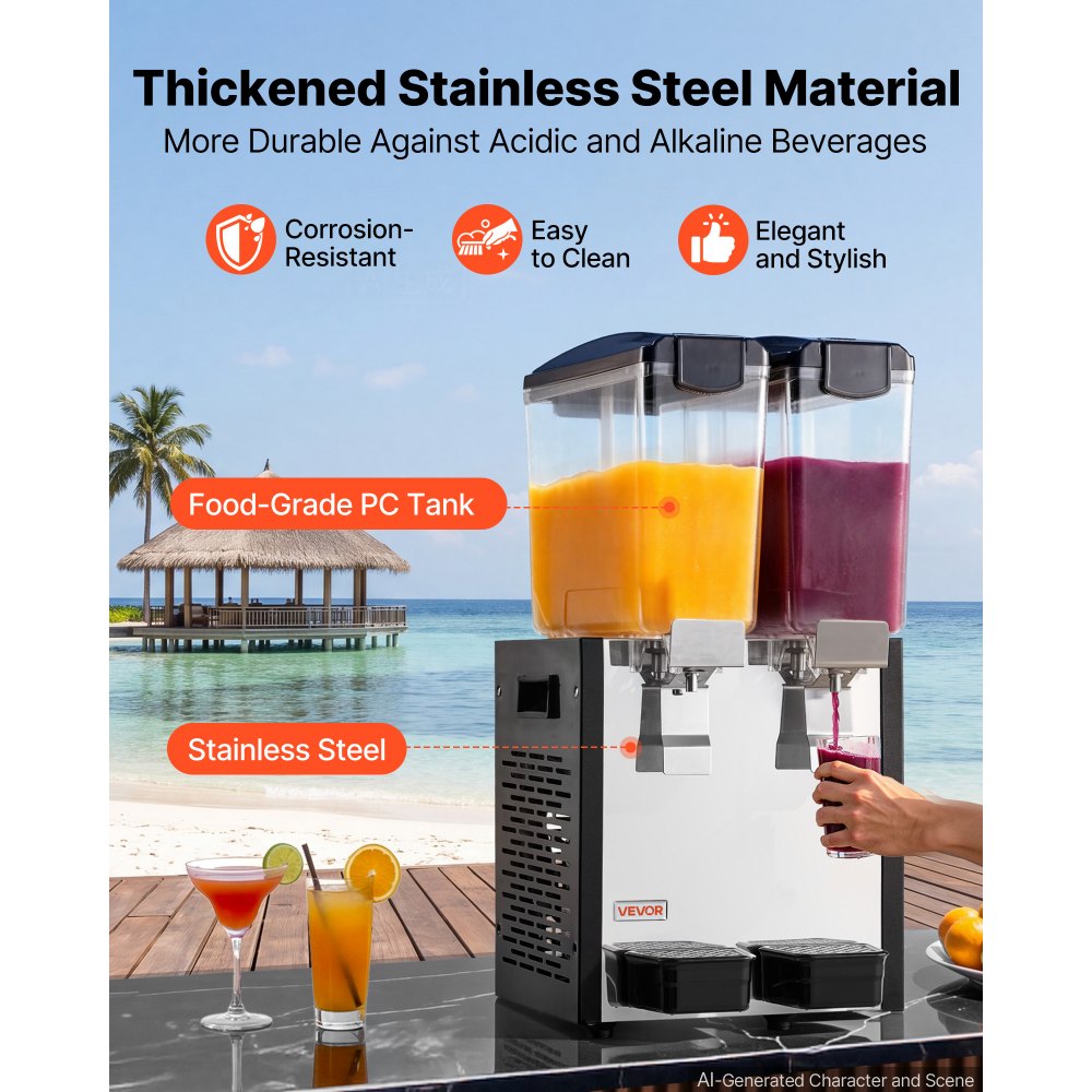 VEVOR Commercial Beverage Dispenser 2 Tanks 10 L / 10.6 QT Per Tank, Stainless Steel Juice Dispenser, Ice Tea Drink Machine with 45℉ to 54℉ Cooling Temperature, for Cold Drink Restaurant Bar Party
