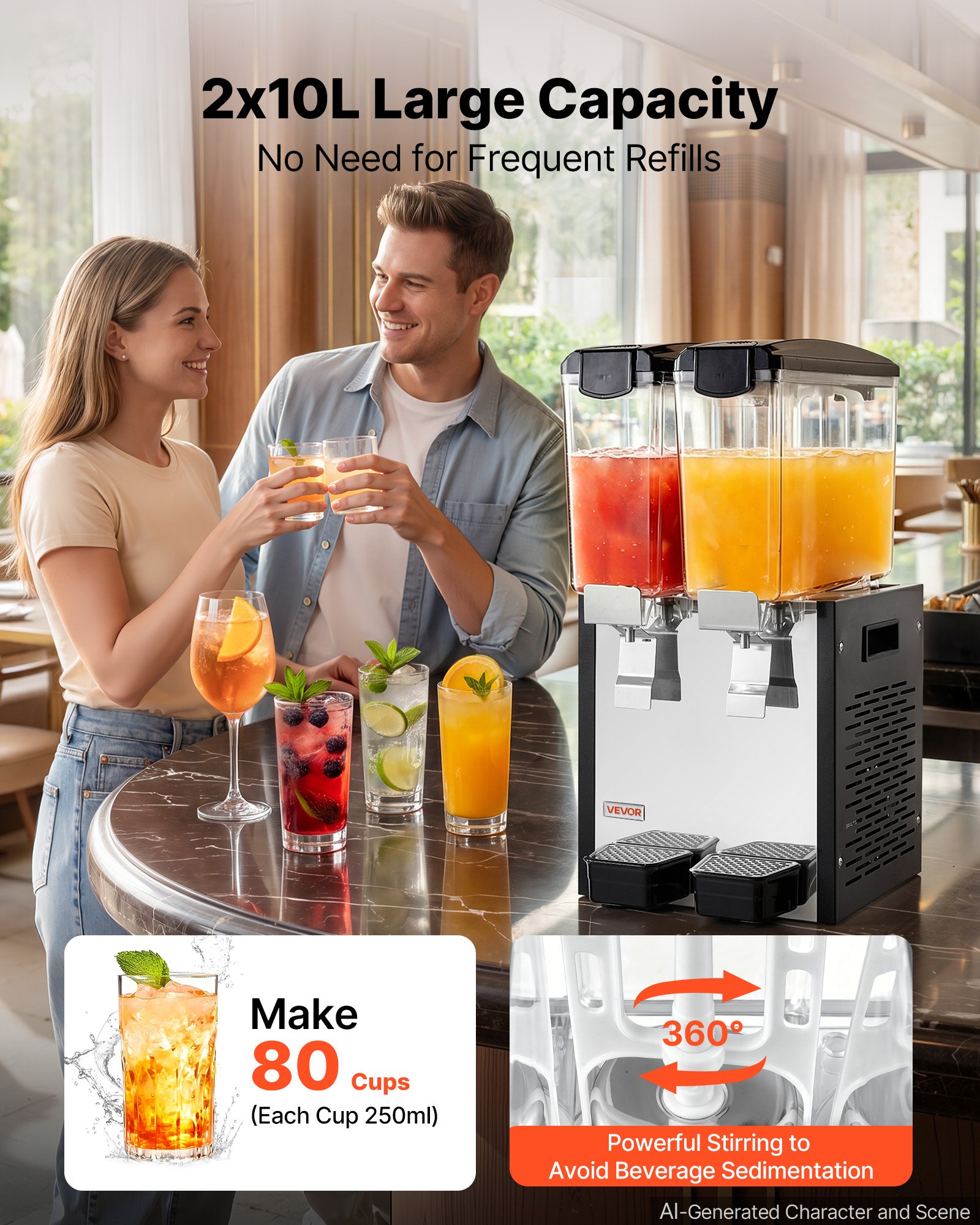 VEVOR Commercial Beverage Dispenser 2 Tanks 10 L / 10.6 QT Per Tank, Stainless Steel Juice Dispenser, Ice Tea Drink Machine with 45℉ to 54℉ Cooling Temperature, for Cold Drink Restaurant Bar Party