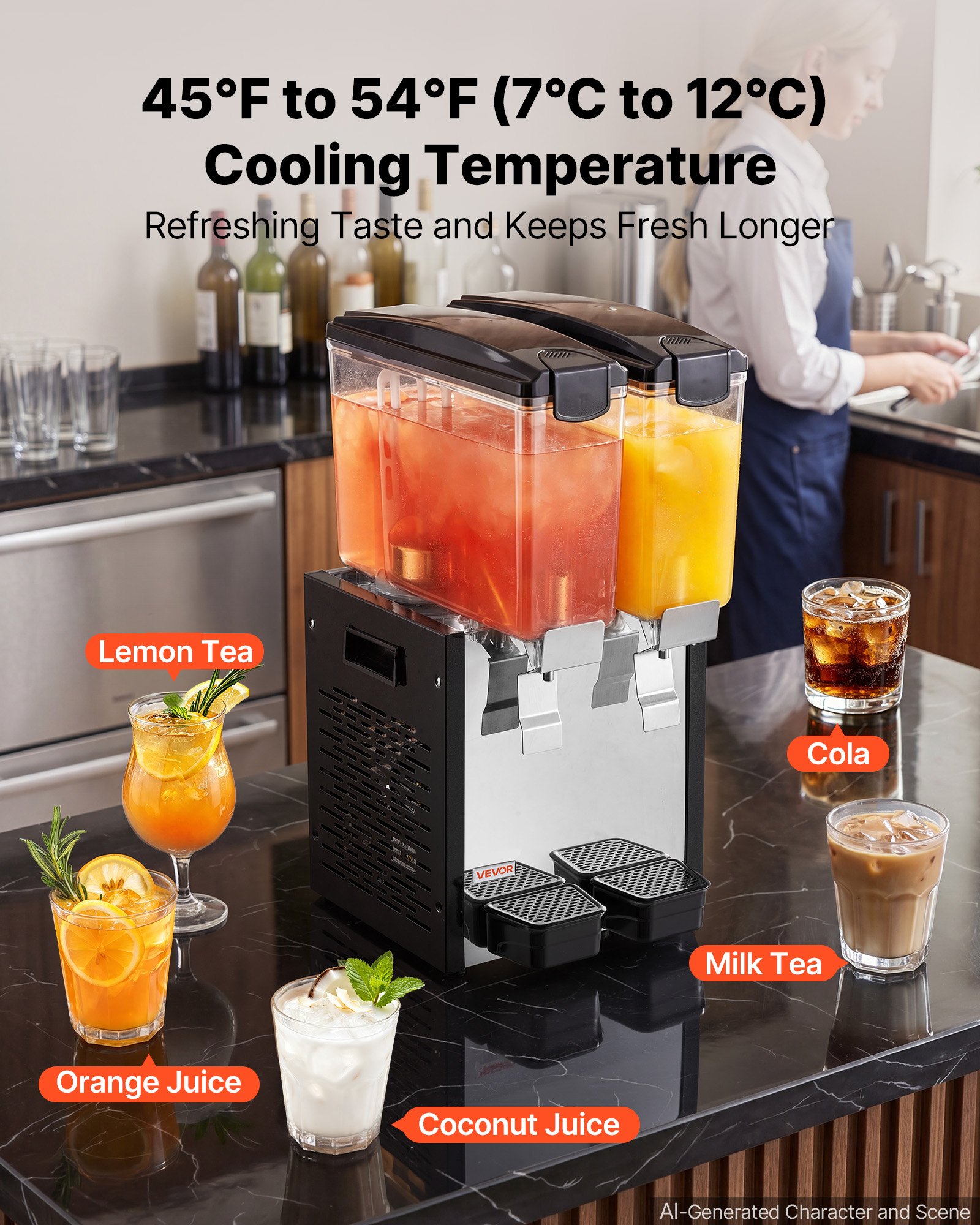 VEVOR Commercial Beverage Dispenser 2 Tanks 10 L / 10.6 QT Per Tank, Stainless Steel Juice Dispenser, Ice Tea Drink Machine with 45℉ to 54℉ Cooling Temperature, for Cold Drink Restaurant Bar Party