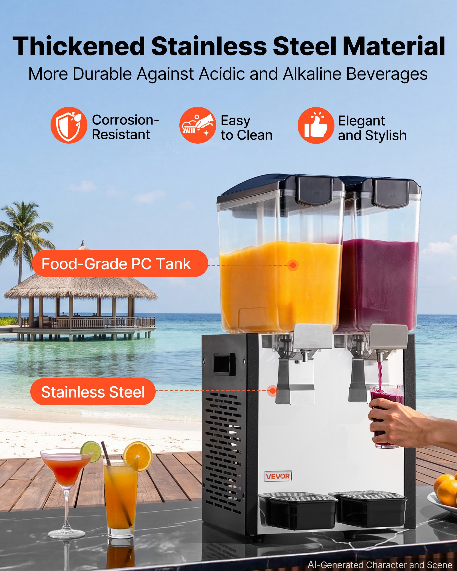 VEVOR Commercial Beverage Dispenser 2 Tanks 10 L / 10.6 QT Per Tank, Stainless Steel Juice Dispenser, Ice Tea Drink Machine with 45℉ to 54℉ Cooling Temperature, for Cold Drink Restaurant Bar Party