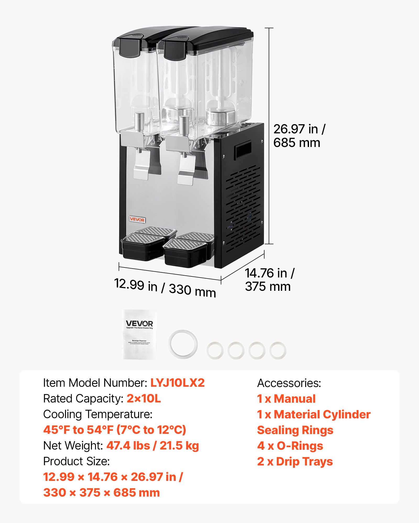 VEVOR Commercial Beverage Dispenser 2 Tanks 10 L / 10.6 QT Per Tank, Stainless Steel Juice Dispenser, Ice Tea Drink Machine with 45℉ to 54℉ Cooling Temperature, for Cold Drink Restaurant Bar Party