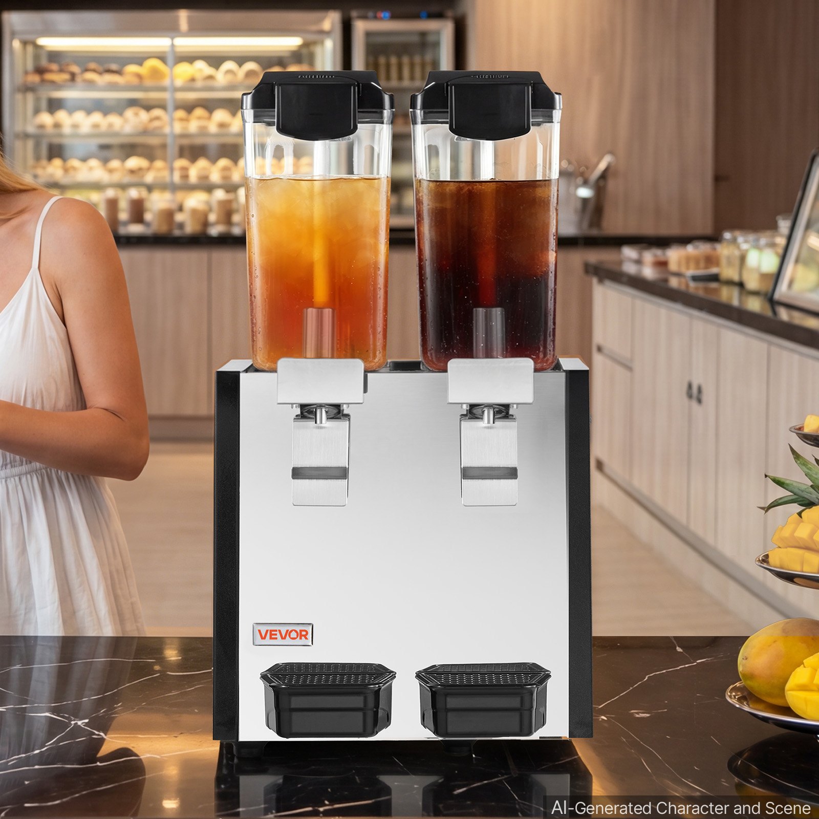 VEVOR Commercial Beverage Dispenser 2 Tanks 10 L / 10.6 QT Per Tank, Stainless Steel Juice Dispenser, Ice Tea Drink Machine with 45℉ to 54℉ Cooling Temperature, for Cold Drink Restaurant Bar Party