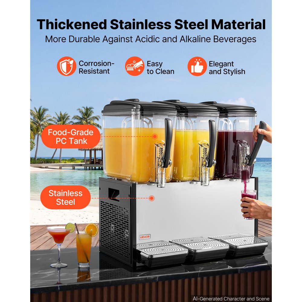 VEVOR Commercial Beverage Dispenser 3 Tanks 12 L / 12.7 QT Per Tank, Stainless Steel Juice Dispenser, Ice Tea Drink Machine with 7℃ to 12℃ Cooling Temperature, for Cold Drink Restaurant Bar Party
