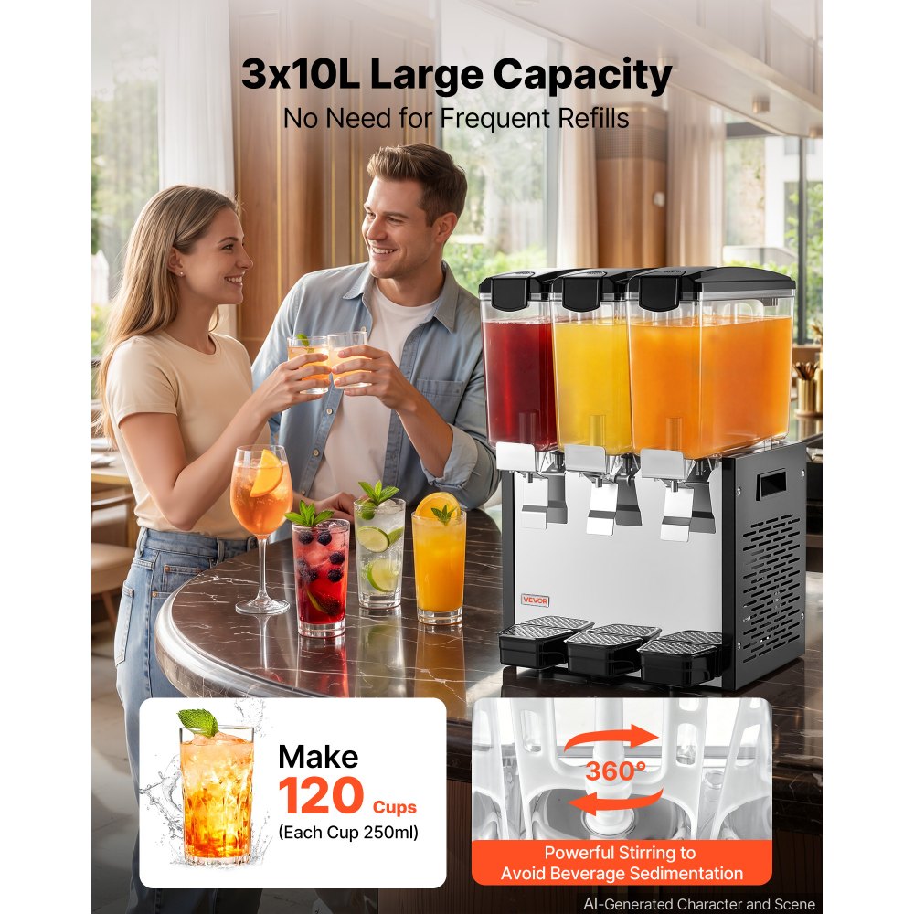 VEVOR Commercial Beverage Dispenser 3 Tanks 10 L / 10.6 QT Per Tank, Stainless Steel Juice Dispenser, Ice Tea Drink Machine with 45℉ to 54℉ Cooling Temperature, for Cold Drink Restaurant Bar Party