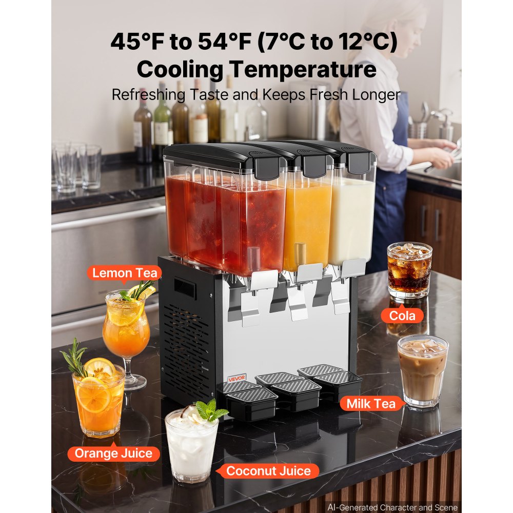 VEVOR Commercial Beverage Dispenser 3 Tanks 10 L / 10.6 QT Per Tank, Stainless Steel Juice Dispenser, Ice Tea Drink Machine with 45℉ to 54℉ Cooling Temperature, for Cold Drink Restaurant Bar Party