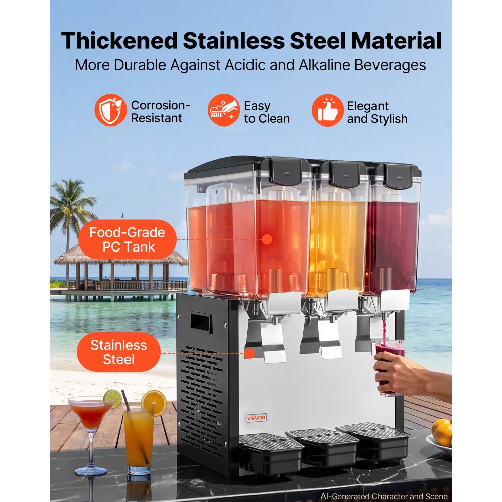 VEVOR Commercial Beverage Dispenser 3 Tanks 10 L / 10.6 QT Per Tank, Stainless Steel Juice Dispenser, Ice Tea Drink Machine with 45℉ to 54℉ Cooling Temperature, for Cold Drink Restaurant Bar Party