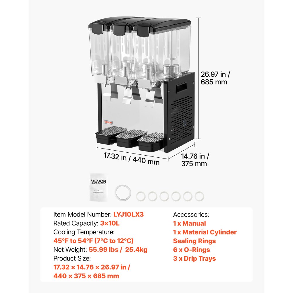 VEVOR Commercial Beverage Dispenser 3 Tanks 10 L / 10.6 QT Per Tank, Stainless Steel Juice Dispenser, Ice Tea Drink Machine with 45℉ to 54℉ Cooling Temperature, for Cold Drink Restaurant Bar Party