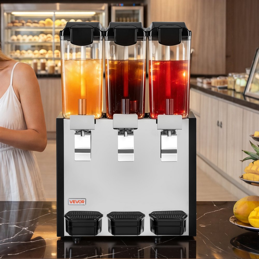 VEVOR Commercial Beverage Dispenser 3 Tanks 10 L / 10.6 QT Per Tank, Stainless Steel Juice Dispenser, Ice Tea Drink Machine with 45℉ to 54℉ Cooling Temperature, for Cold Drink Restaurant Bar Party