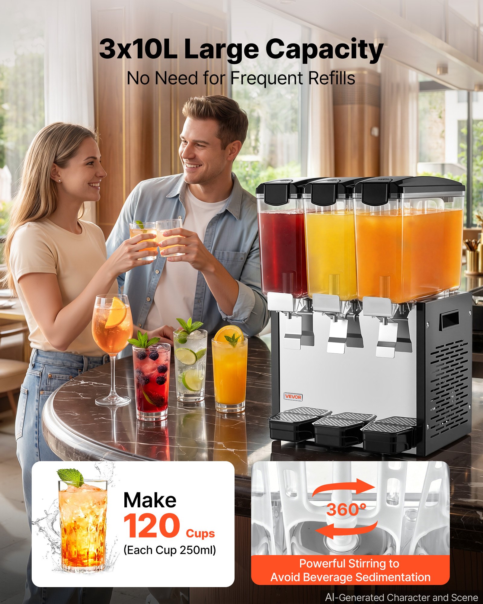 VEVOR Commercial Beverage Dispenser 3 Tanks 10 L / 10.6 QT Per Tank, Stainless Steel Juice Dispenser, Ice Tea Drink Machine with 45℉ to 54℉ Cooling Temperature, for Cold Drink Restaurant Bar Party