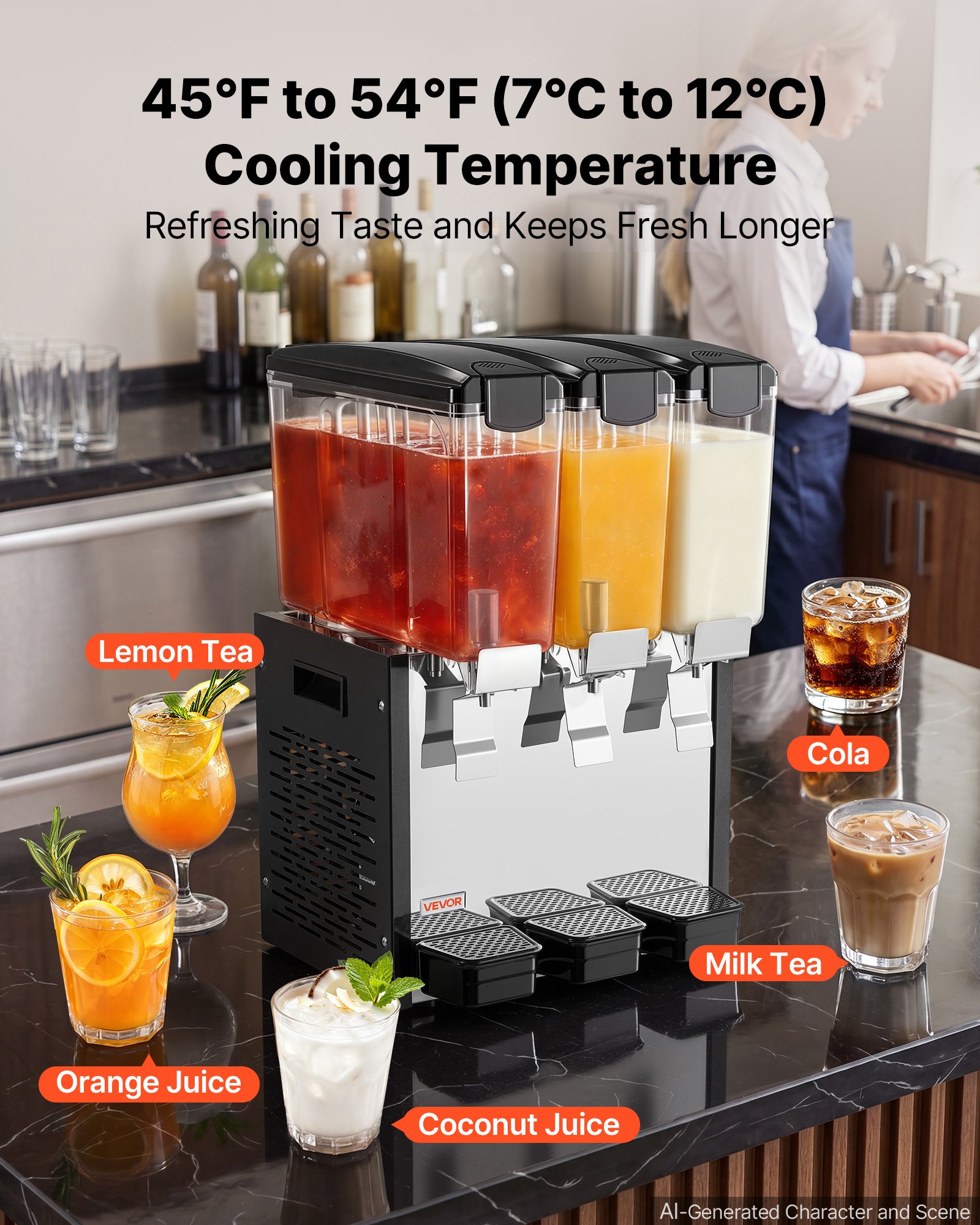 VEVOR Commercial Beverage Dispenser 3 Tanks 10 L / 10.6 QT Per Tank, Stainless Steel Juice Dispenser, Ice Tea Drink Machine with 45℉ to 54℉ Cooling Temperature, for Cold Drink Restaurant Bar Party