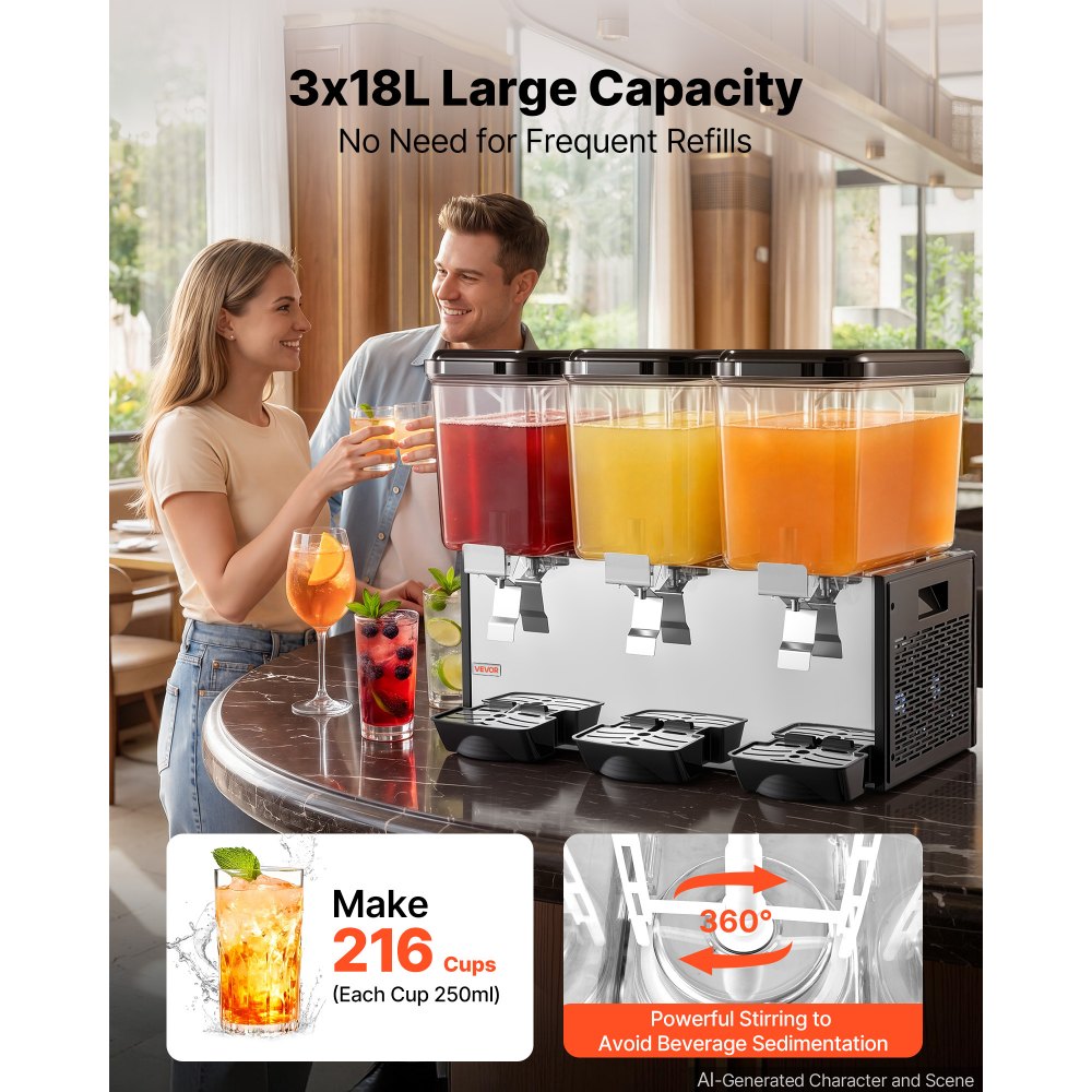 VEVOR Commercial Beverage Dispenser 3 Tanks 18 L / 19 QT Per Tank, Stainless Steel Juice Dispenser, Ice Tea Drink Machine with 45℉ to 54℉ Cooling Temperature, for Cold Drink Restaurant Bar Party