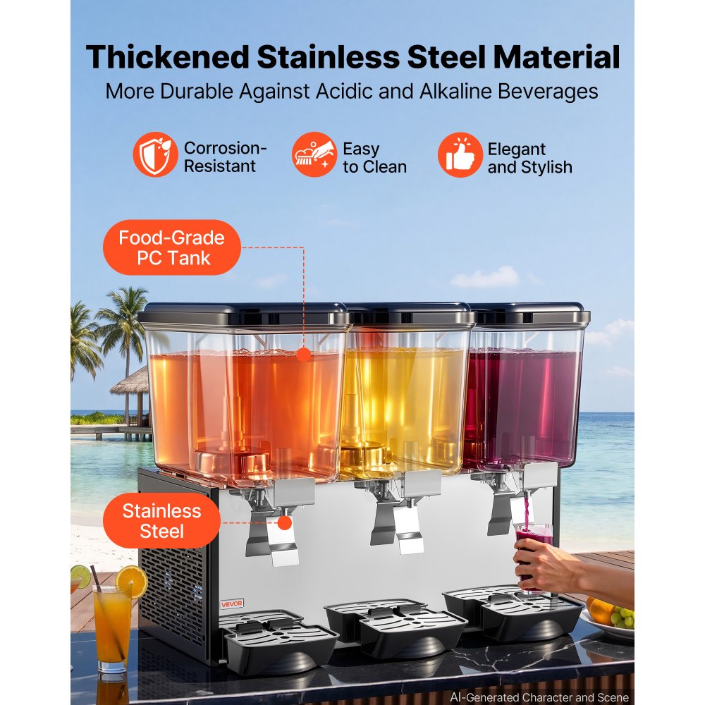 VEVOR Commercial Beverage Dispenser 3 Tanks 18 L / 19 QT Per Tank, Stainless Steel Juice Dispenser, Ice Tea Drink Machine with 45℉ to 54℉ Cooling Temperature, for Cold Drink Restaurant Bar Party