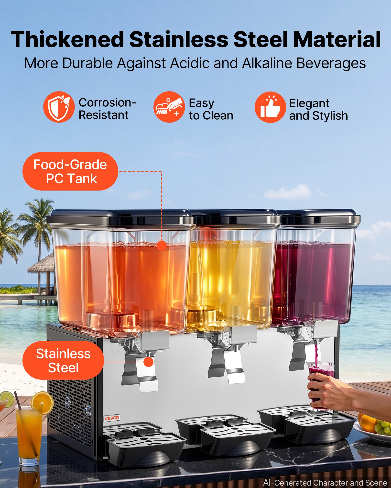 VEVOR Commercial Beverage Dispenser 3 Tanks 18 L / 19 QT Per Tank, Stainless Steel Juice Dispenser, Ice Tea Drink Machine with 45℉ to 54℉ Cooling Temperature, for Cold Drink Restaurant Bar Party