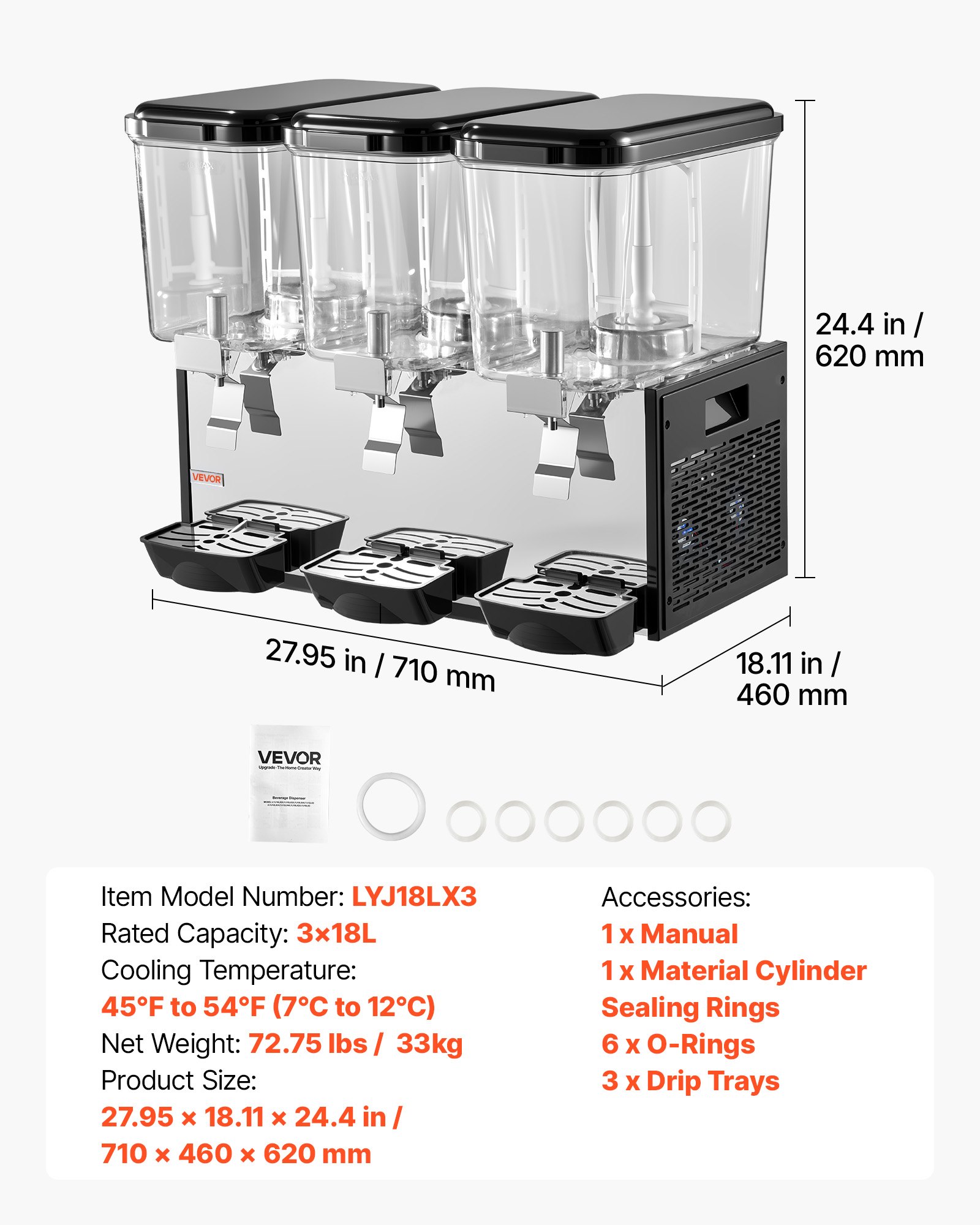 VEVOR Commercial Beverage Dispenser 3 Tanks 18 L / 19 QT Per Tank, Stainless Steel Juice Dispenser, Ice Tea Drink Machine with 45℉ to 54℉ Cooling Temperature, for Cold Drink Restaurant Bar Party
