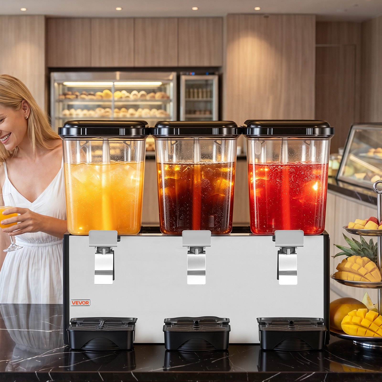 VEVOR Commercial Beverage Dispenser 3 Tanks 18 L / 19 QT Per Tank, Stainless Steel Juice Dispenser, Ice Tea Drink Machine with 45℉ to 54℉ Cooling Temperature, for Cold Drink Restaurant Bar Party