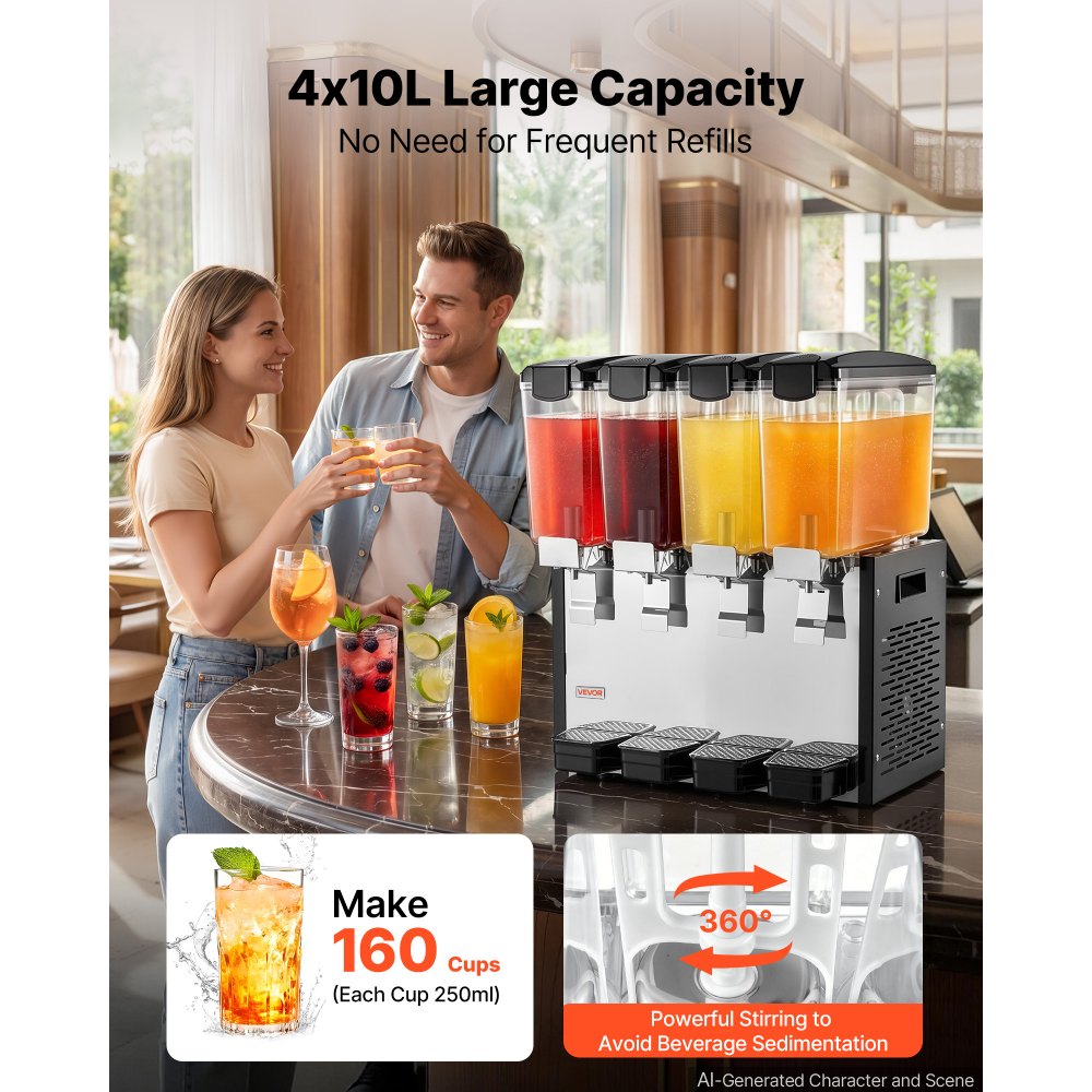 VEVOR Commercial Beverage Dispenser 4 Tanks 10 L / 10.6 QT Per Tank, Stainless Steel Juice Dispenser, Ice Tea Drink Machine with 45℉ to 54℉ Cooling Temperature, for Cold Drink Restaurant Bar Party