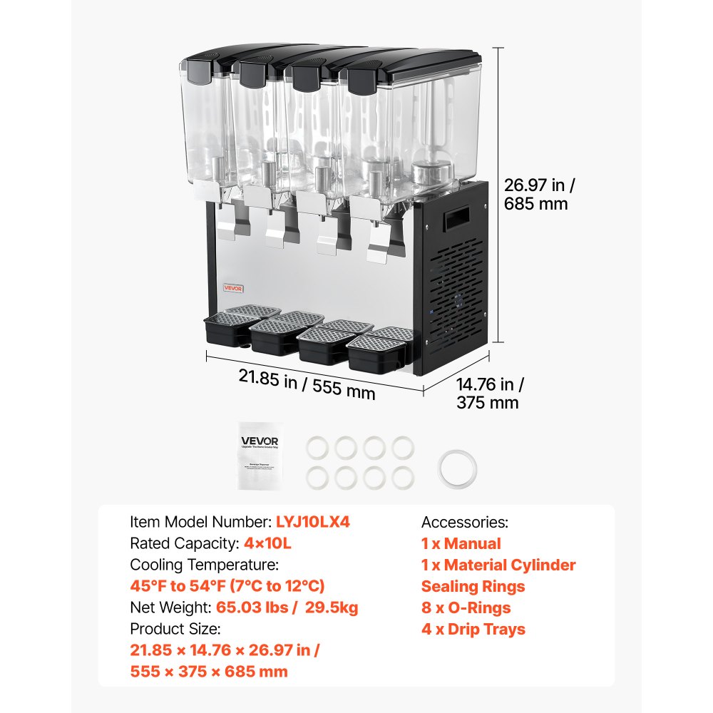 VEVOR Commercial Beverage Dispenser 4 Tanks 10 L / 10.6 QT Per Tank, Stainless Steel Juice Dispenser, Ice Tea Drink Machine with 45℉ to 54℉ Cooling Temperature, for Cold Drink Restaurant Bar Party