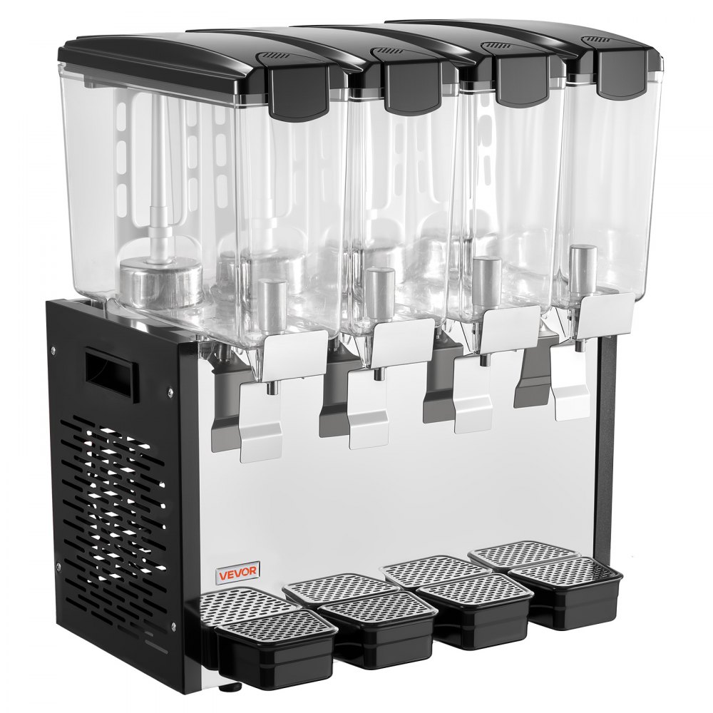 VEVOR Commercial Beverage Dispenser 4 Tanks 10 L / 10.6 QT Per Tank, Stainless Steel Juice Dispenser, Ice Tea Drink Machine with 45℉ to 54℉ Cooling Temperature, for Cold Drink Restaurant Bar Party