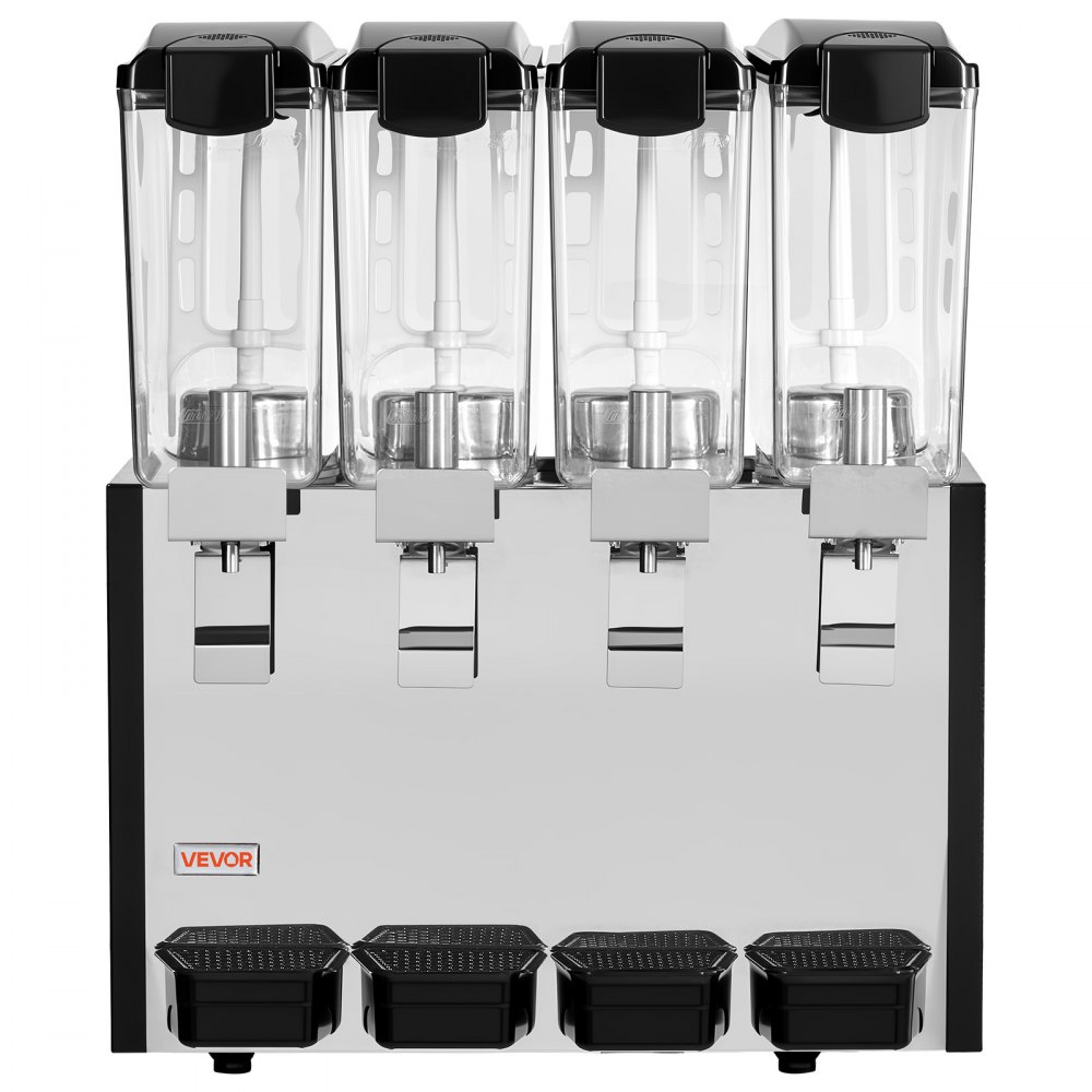 VEVOR Commercial Beverage Dispenser 4 Tanks 10 L / 10.6 QT Per Tank, Stainless Steel Juice Dispenser, Ice Tea Drink Machine with 45℉ to 54℉ Cooling Temperature, for Cold Drink Restaurant Bar Party