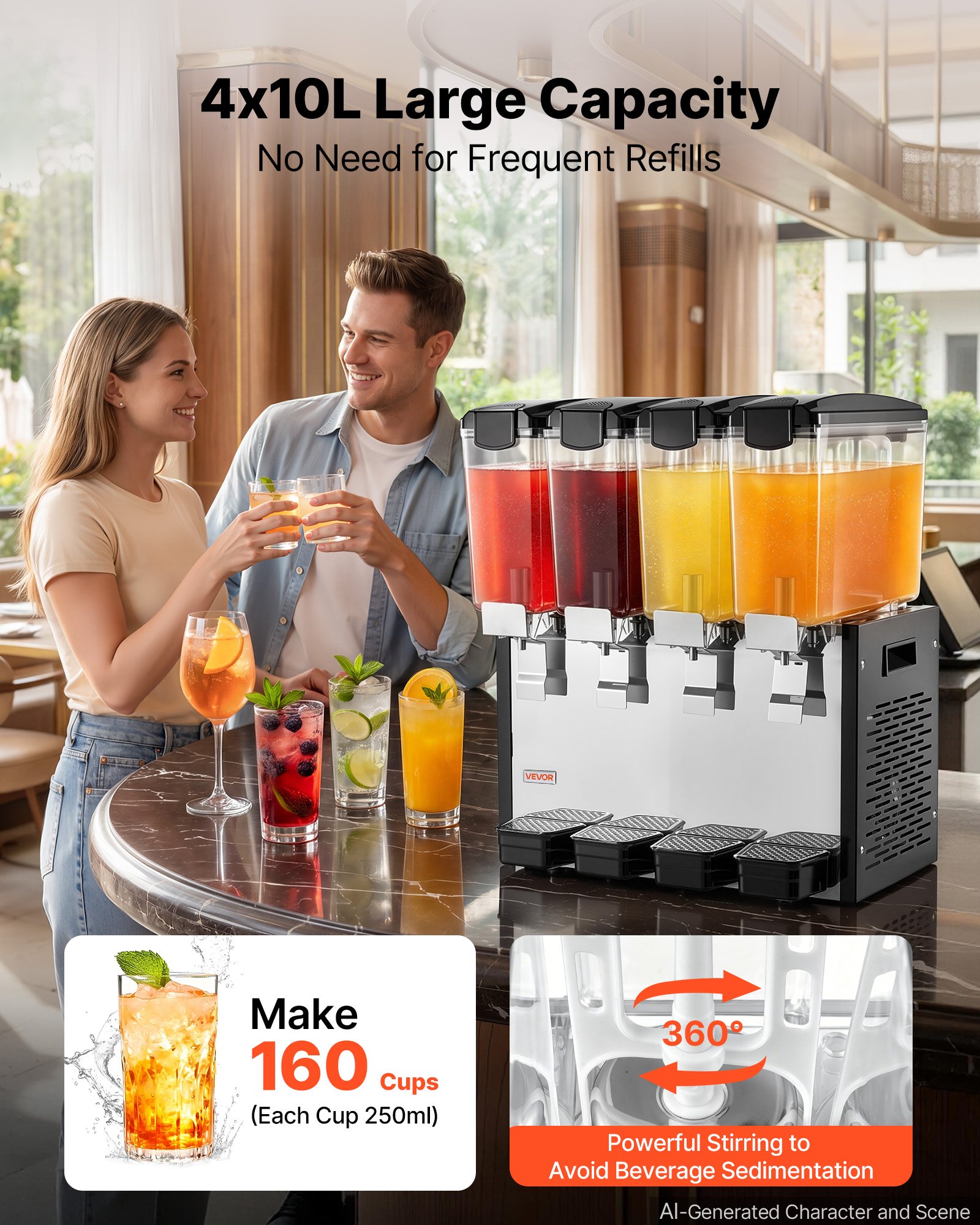 VEVOR Commercial Beverage Dispenser 4 Tanks 10 L / 10.6 QT Per Tank, Stainless Steel Juice Dispenser, Ice Tea Drink Machine with 45℉ to 54℉ Cooling Temperature, for Cold Drink Restaurant Bar Party